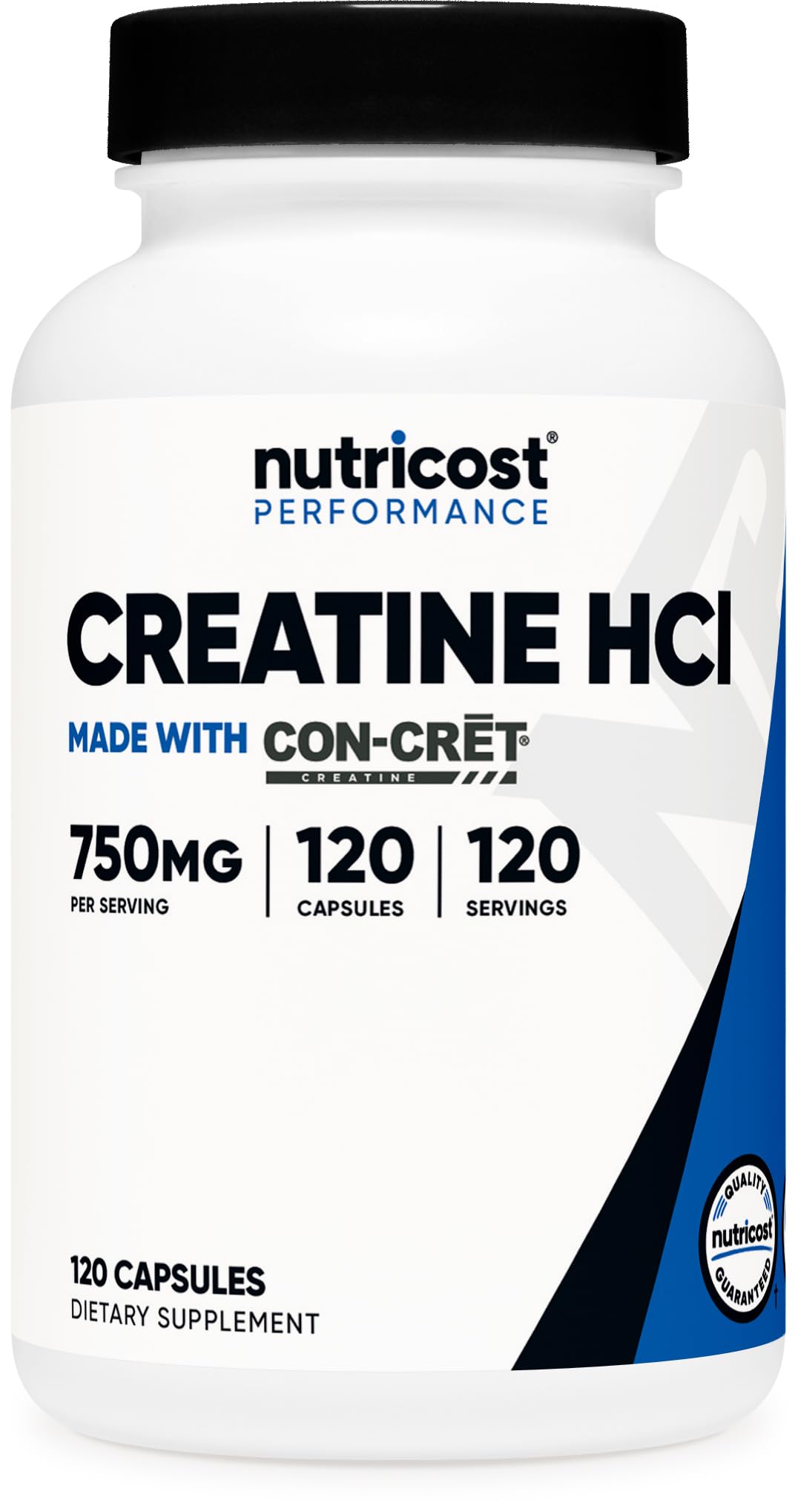 Nutricost frasco frontal de Creatine HCl con etiqueta clara y beneficios visibles
