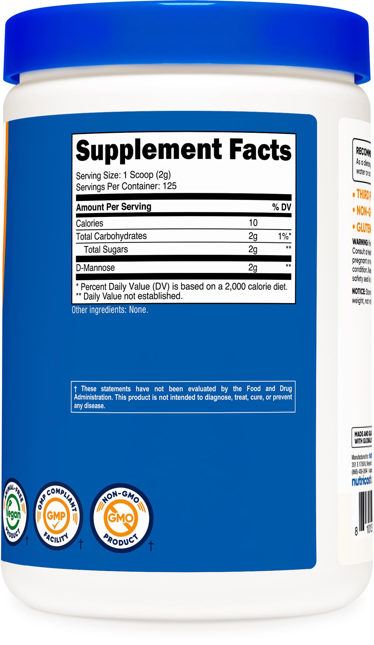 Etiqueta Nutricost D‑mannose mostrando información de GMP, Non‑GMO y sin gluten