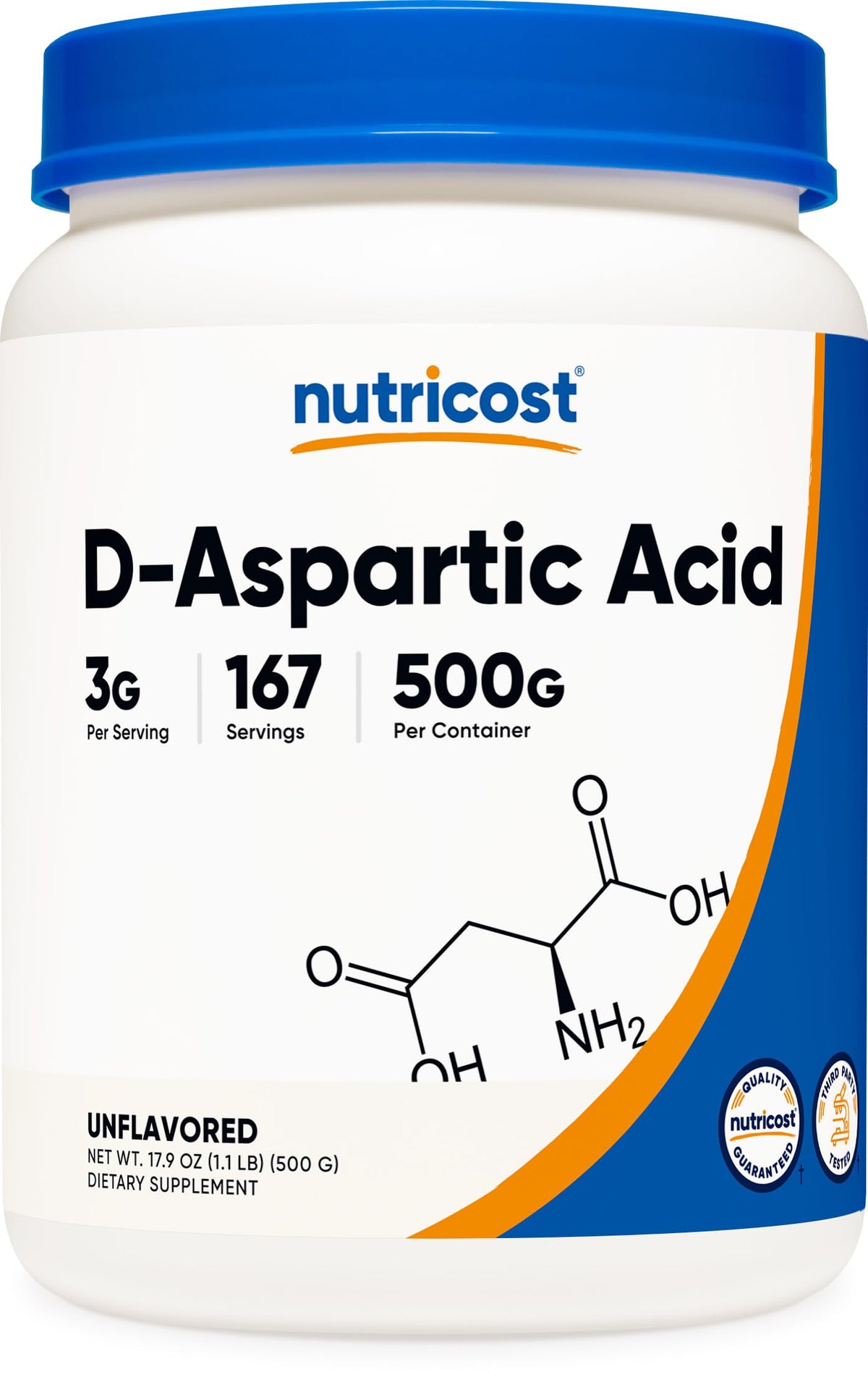 Nutricost frasco D-Aspartic Acid frente con etiqueta clara y sellado de calidad