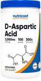 Nutricost frasco frontal D‑Aspartic Acid mostrando etiqueta clara y beneficio pureza