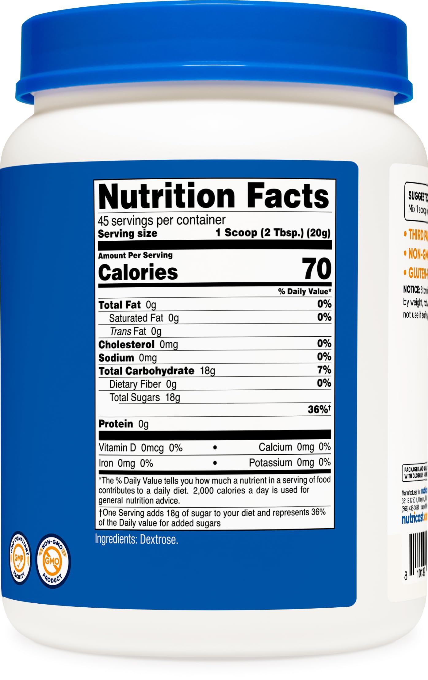 Nutricost dextrose etiqueta con certificaciones NSF y Gluten Free, confianza y calidad