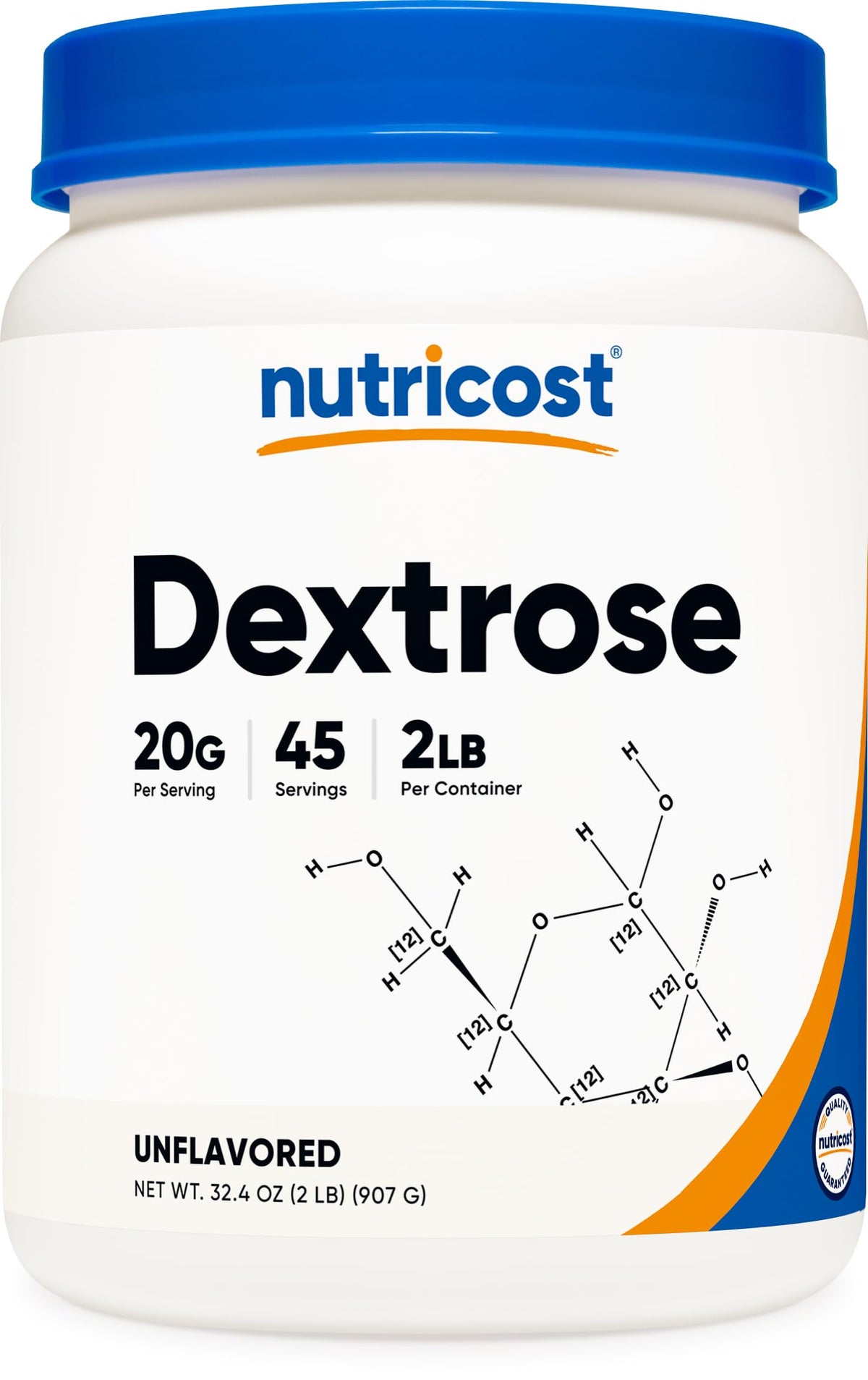 Nutricost dextrose vista frontal envase mostrando tamaño y marca, práctico y puro