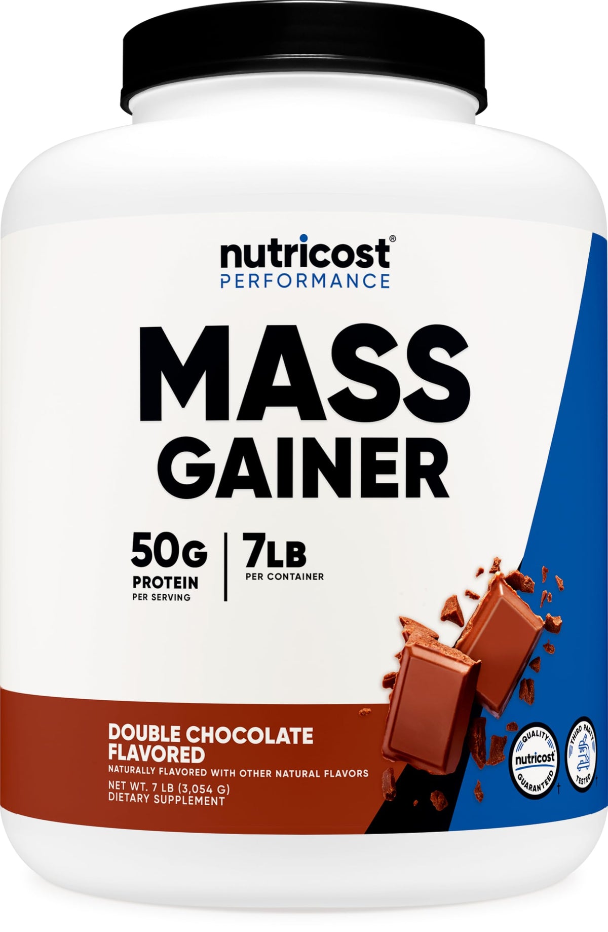 Nutricost bote frontal doble chocolate mostrando tamaño y diseño práctico