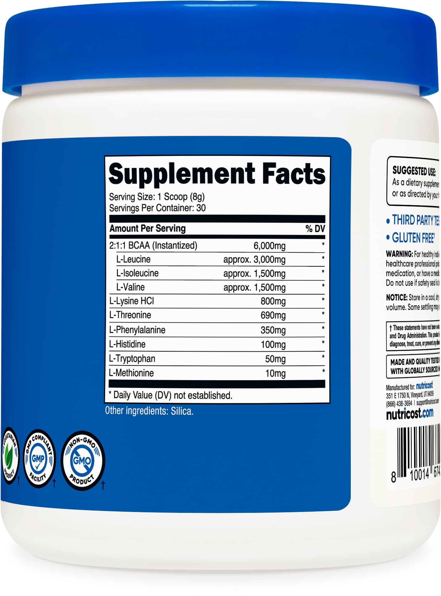 Nutricost etiqueta nutricional con lista de aminoácidos y certificaciones