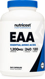 Nutricost EAA bote frontal mostrando diseño y cantidad, apoyo práctico