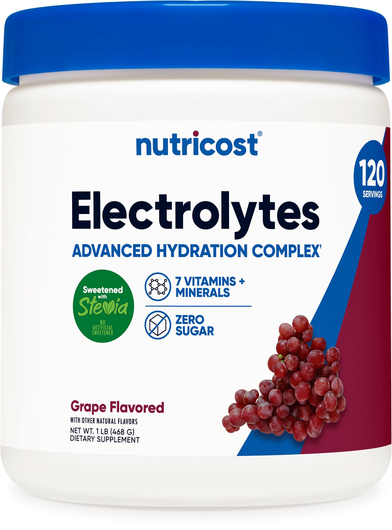 Nutricost frasco frente mostrando 120 porciones y sabor uva, conveniente