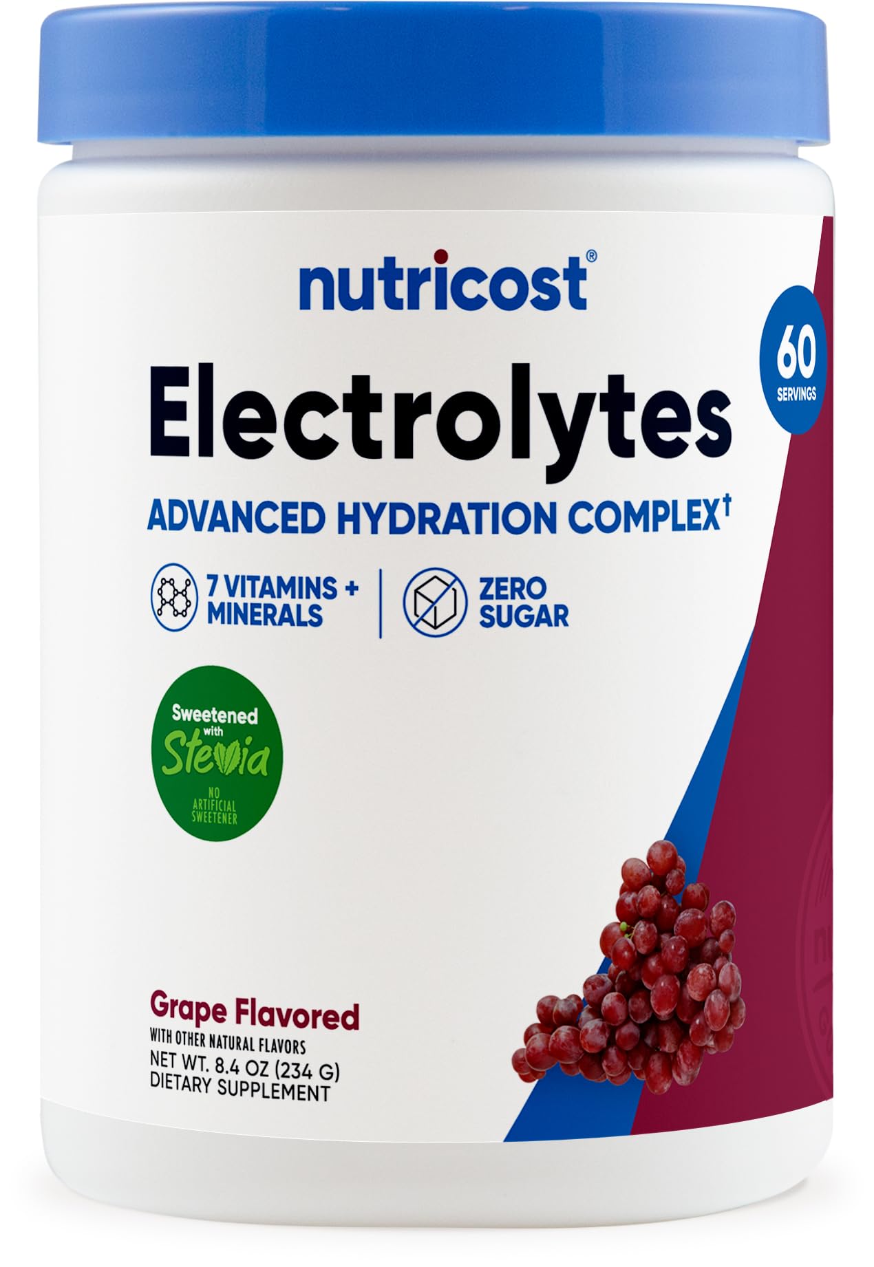Nutricost envase frontal mostrando etiqueta y sabor uva para hidratación eficaz