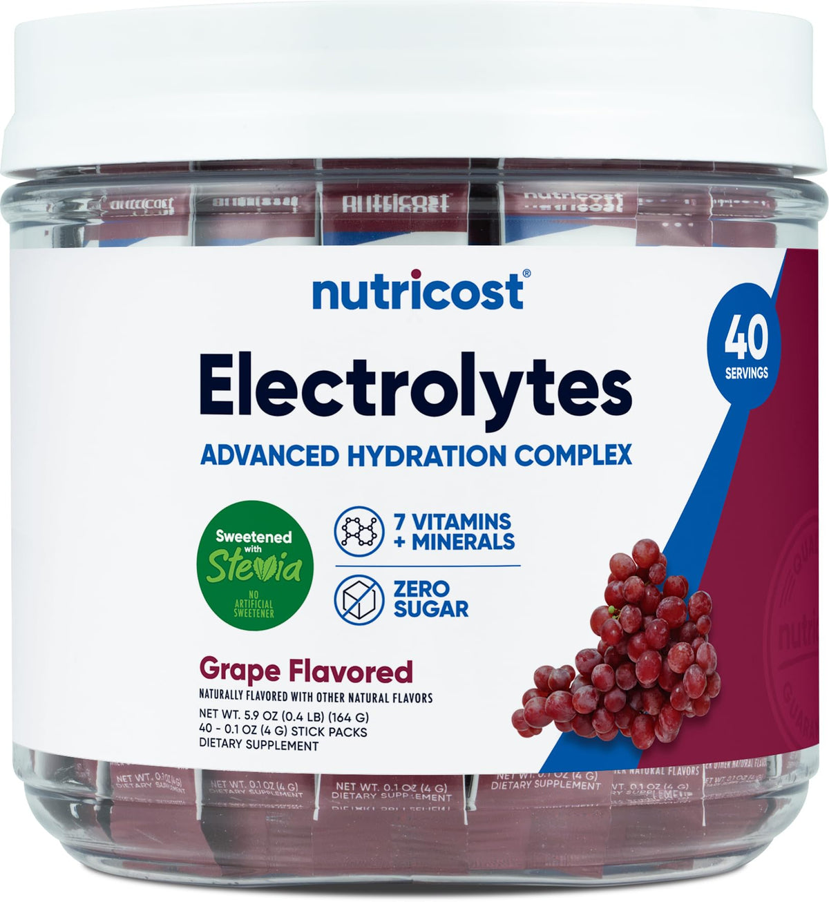 Nutricost paquete frontal uva mostrando 40 stickpacks y conveniencia