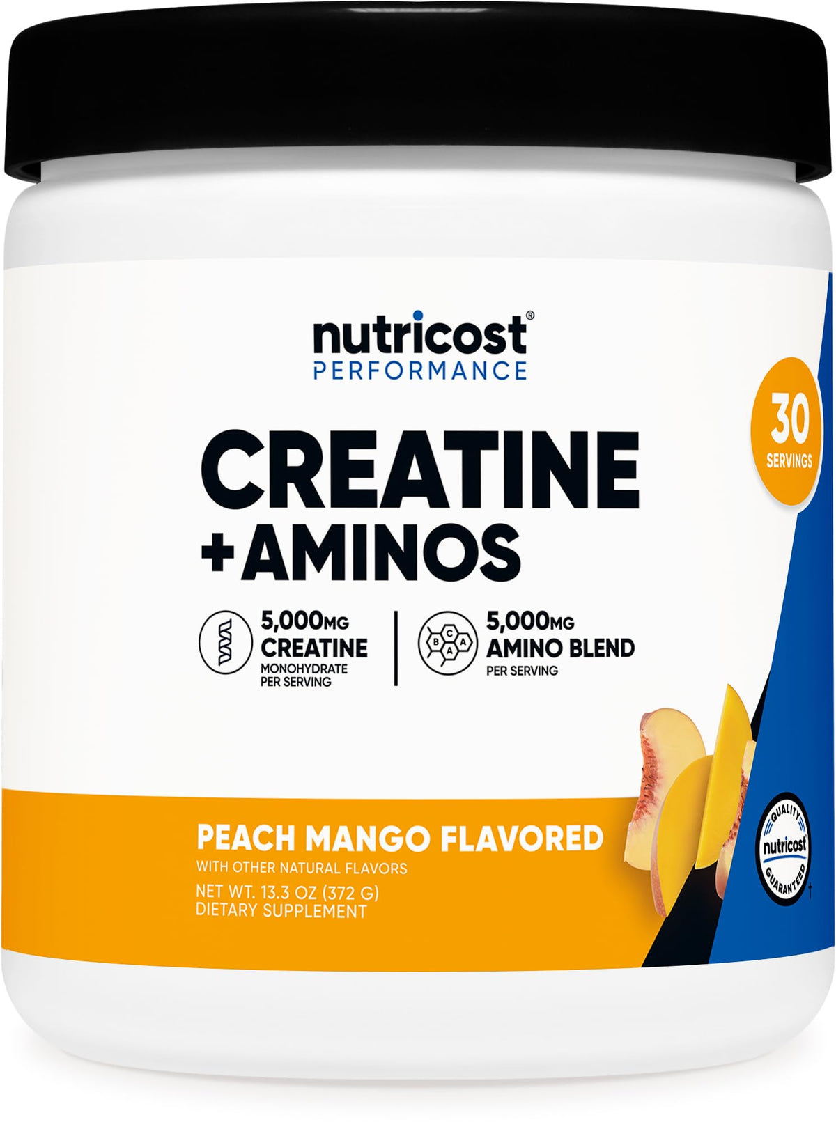 Nutricost envase frontal de Creatine + Aminos sabor Melocotón Mango mostrando tamaño y marca, facilita elección