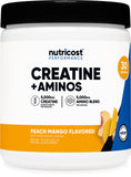Nutricost envase frontal de Creatine + Aminos sabor Melocotón Mango mostrando tamaño y marca, facilita elección