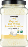 Nutricost envase frontal de proteína de clara de huevo mostrando marca y formato beneficioso