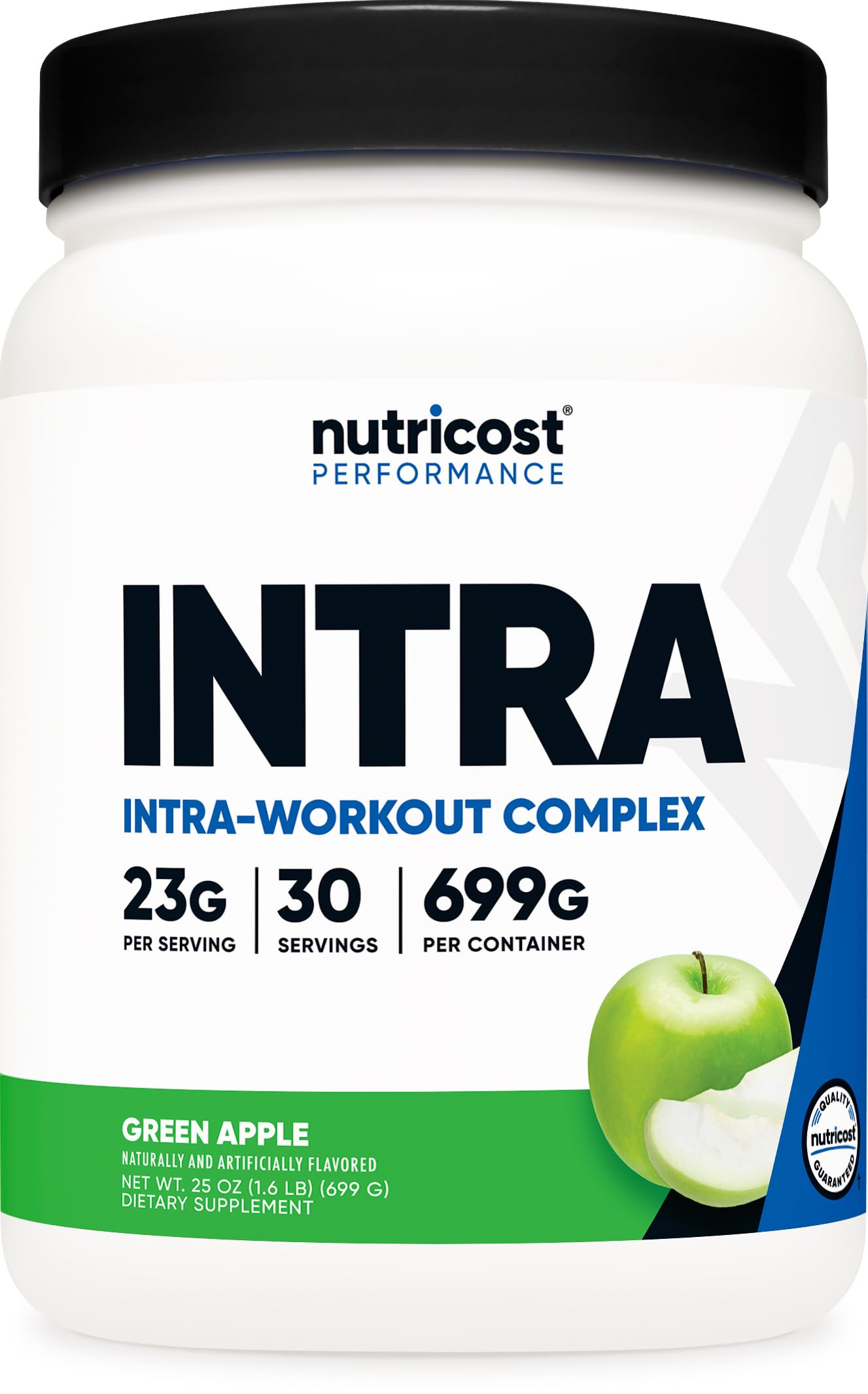 Nutricost envase frontal manzana verde mostrando etiqueta y beneficios