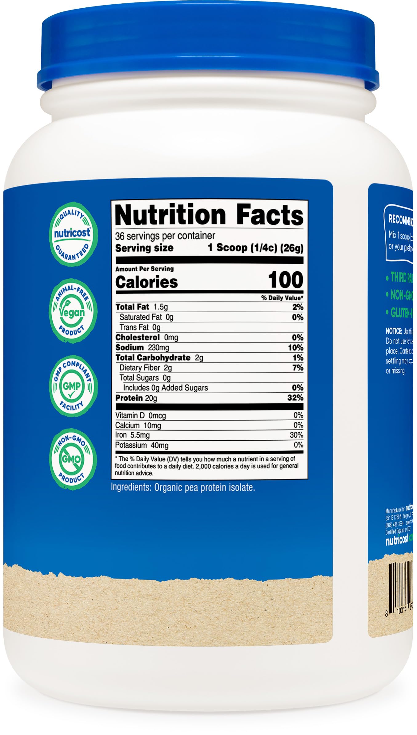 Nutricost comparativa de tamaño y detalle de la etiqueta y certificaciones