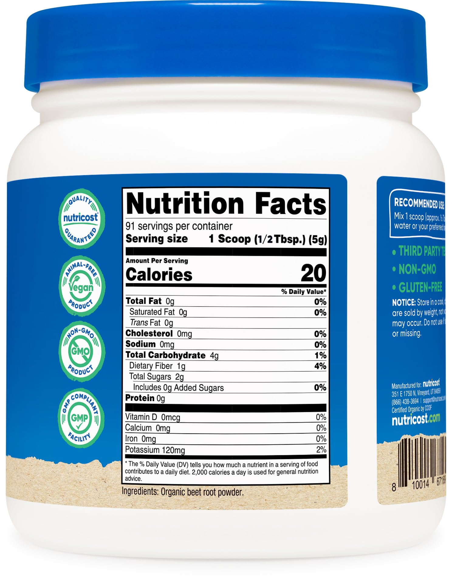 Nutricost etiqueta con certificación USDA y detalles de fabricación segura