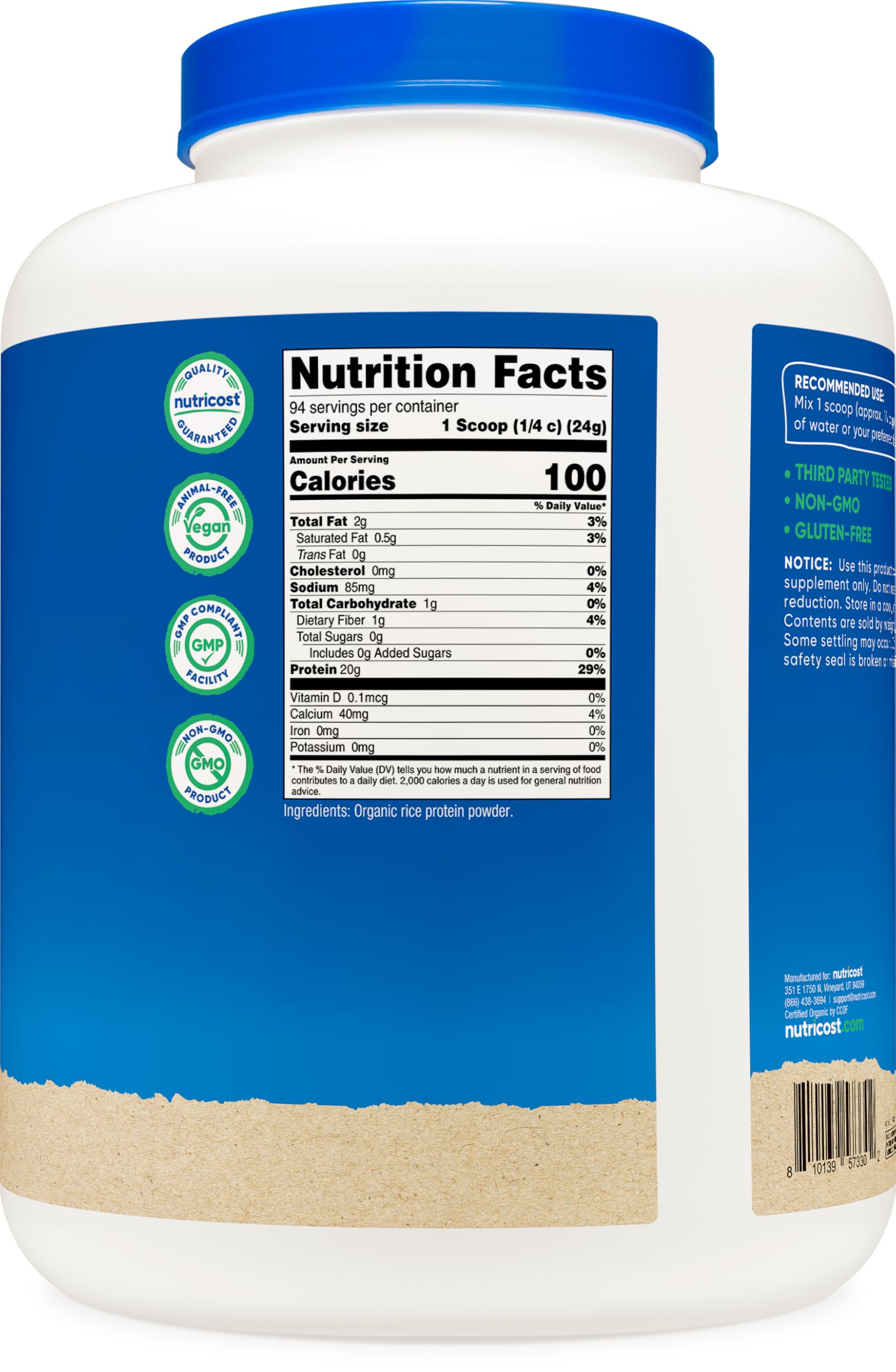 Nutricost detalle de etiqueta con certificaciones orgánicas y cumplimiento GMP como beneficio