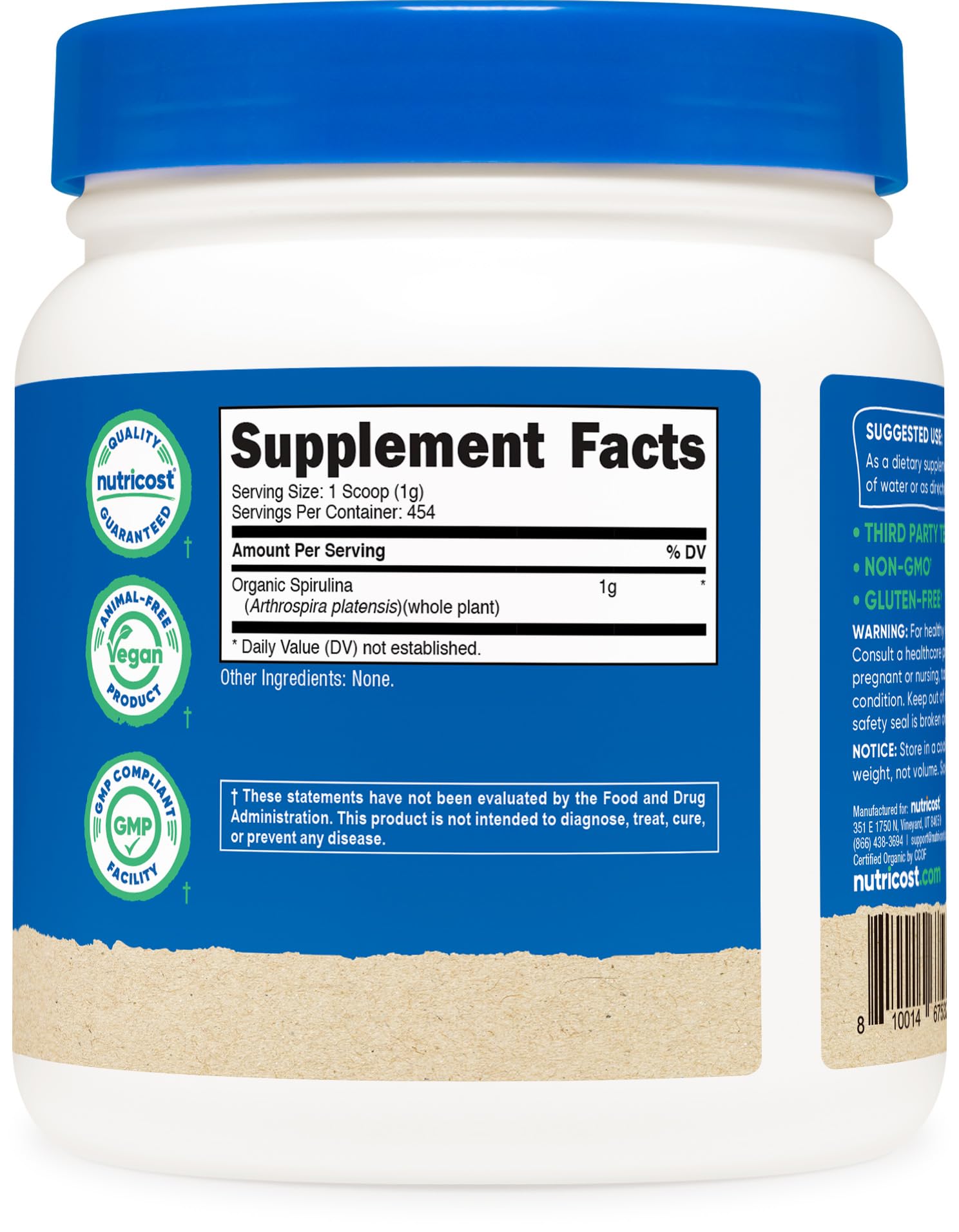 Nutricost etiqueta con certificaciones que confirma calidad y pruebas