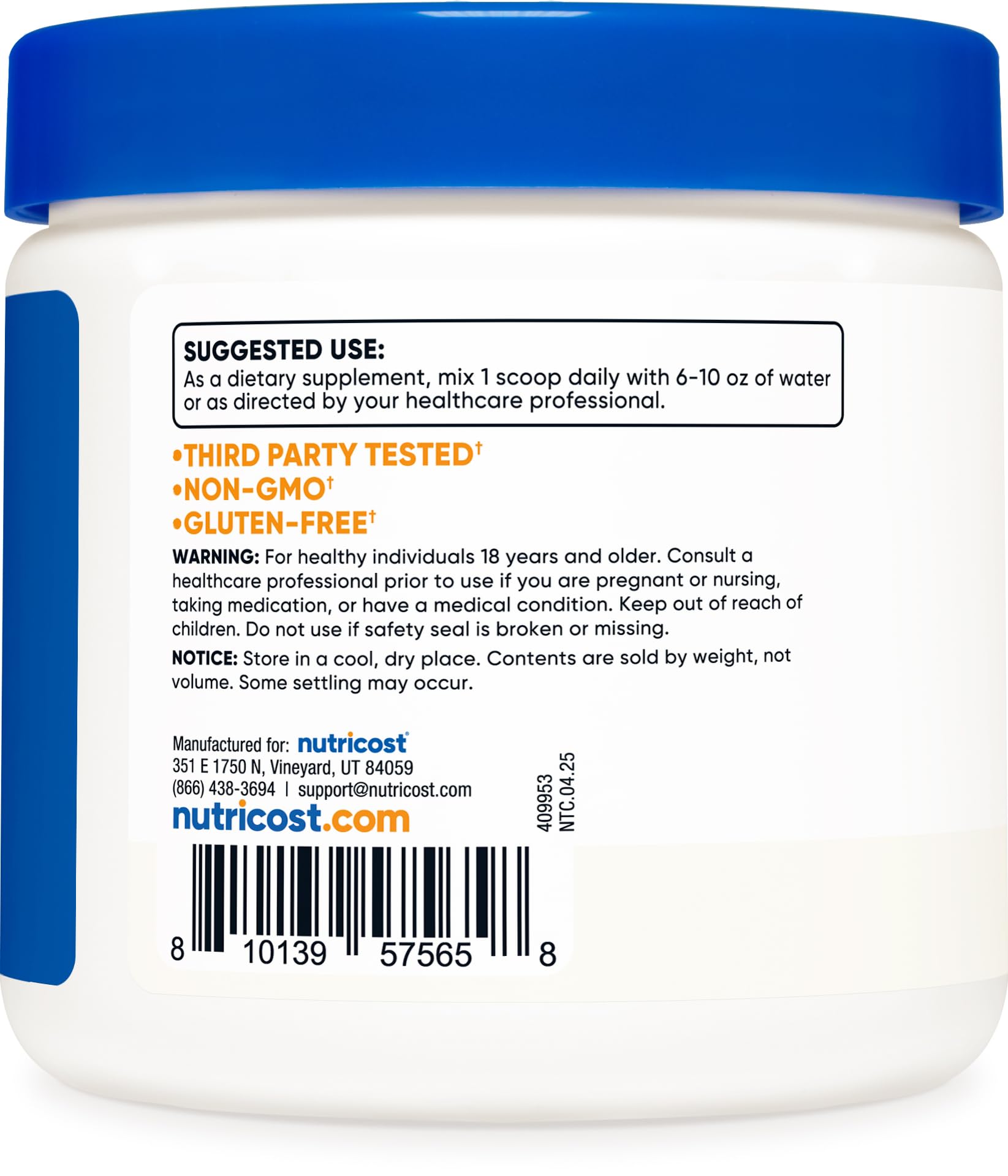 Nutricost etiqueta con certificaciones GMP y registro FDA visible