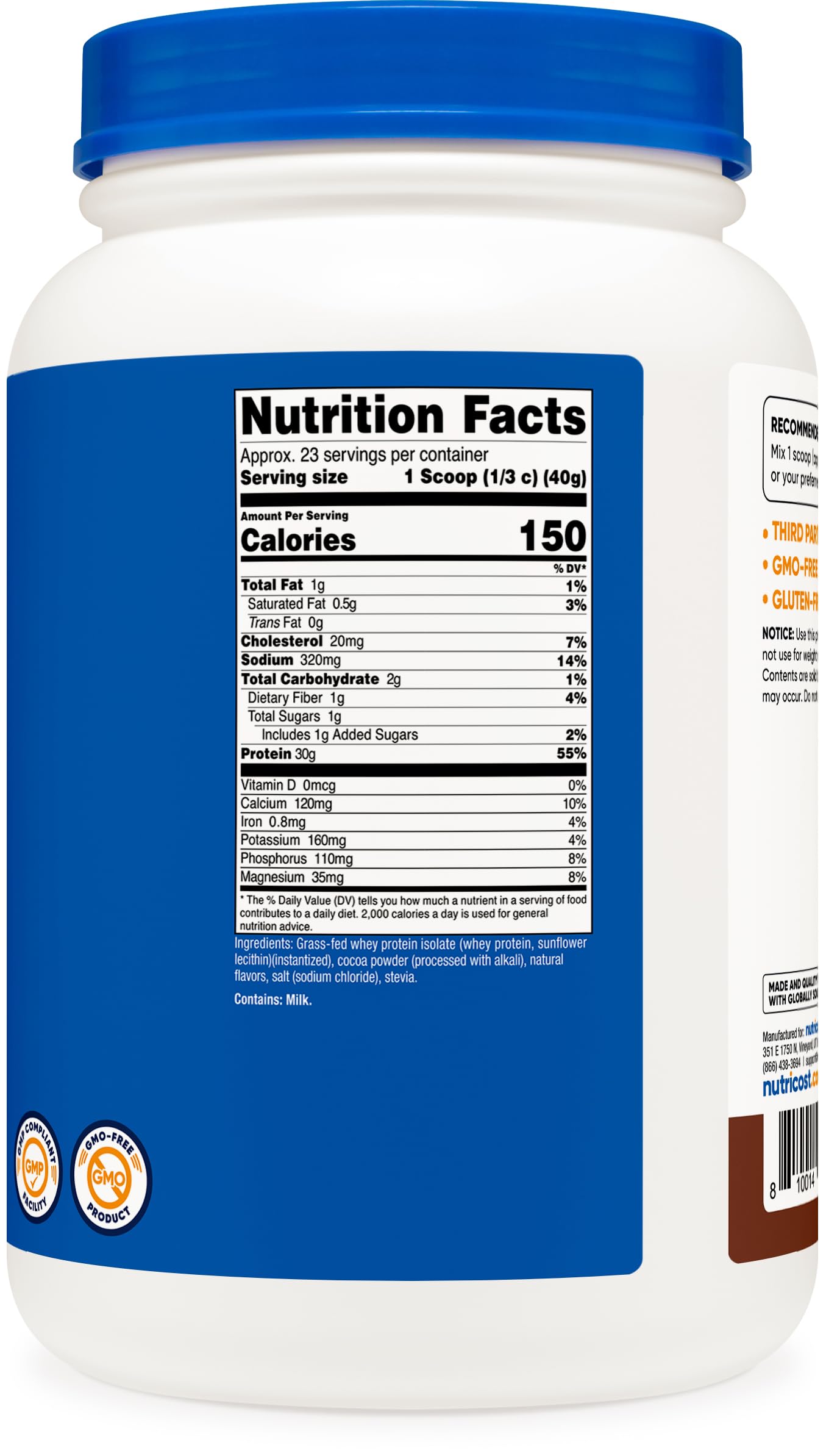 Nutricost etiqueta con sellos Kosher Halal y cumplimiento NSF/GMP