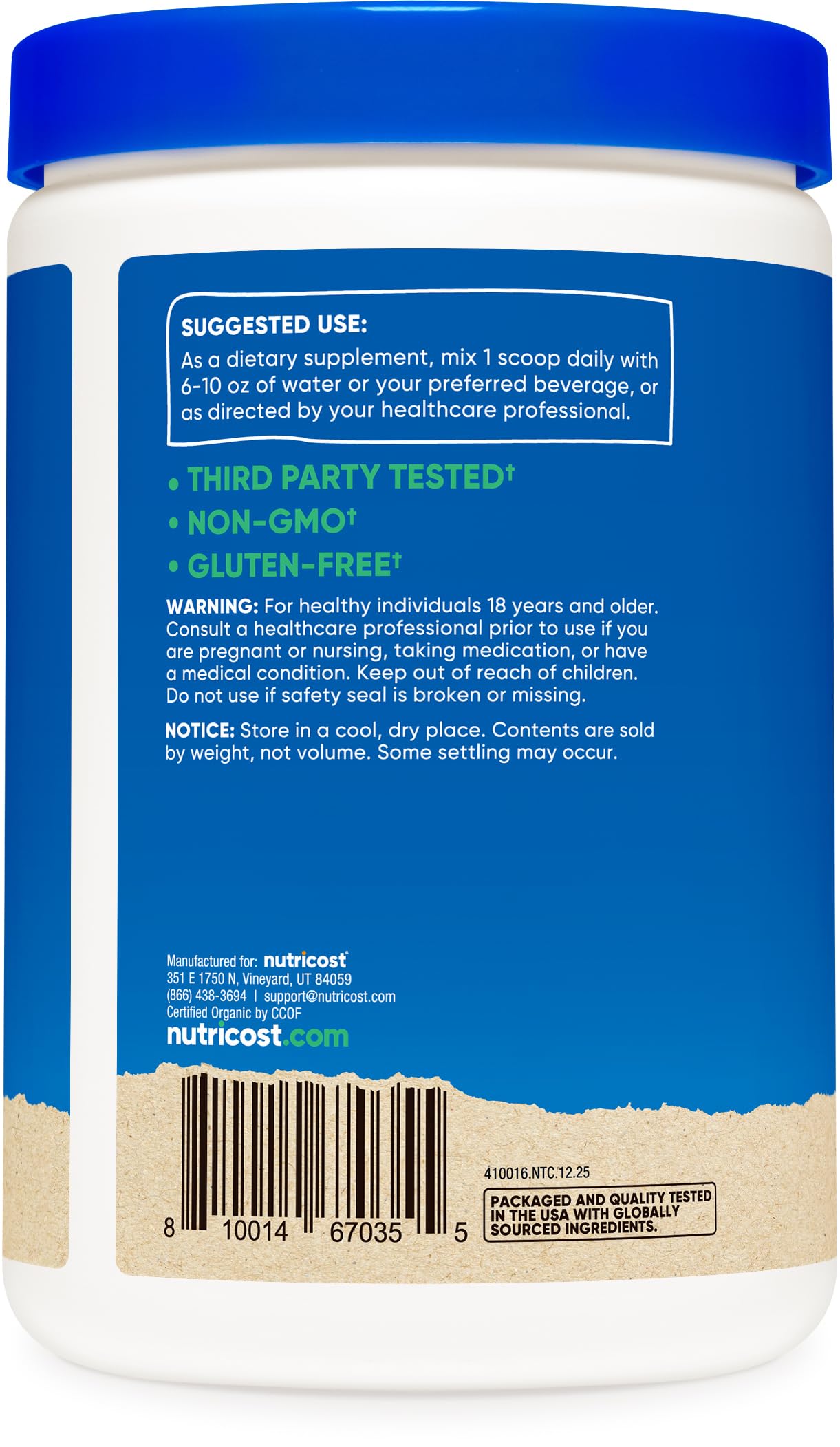 Nutricost etiqueta con certificación USDA y pruebas de laboratorio, garantía de calidad