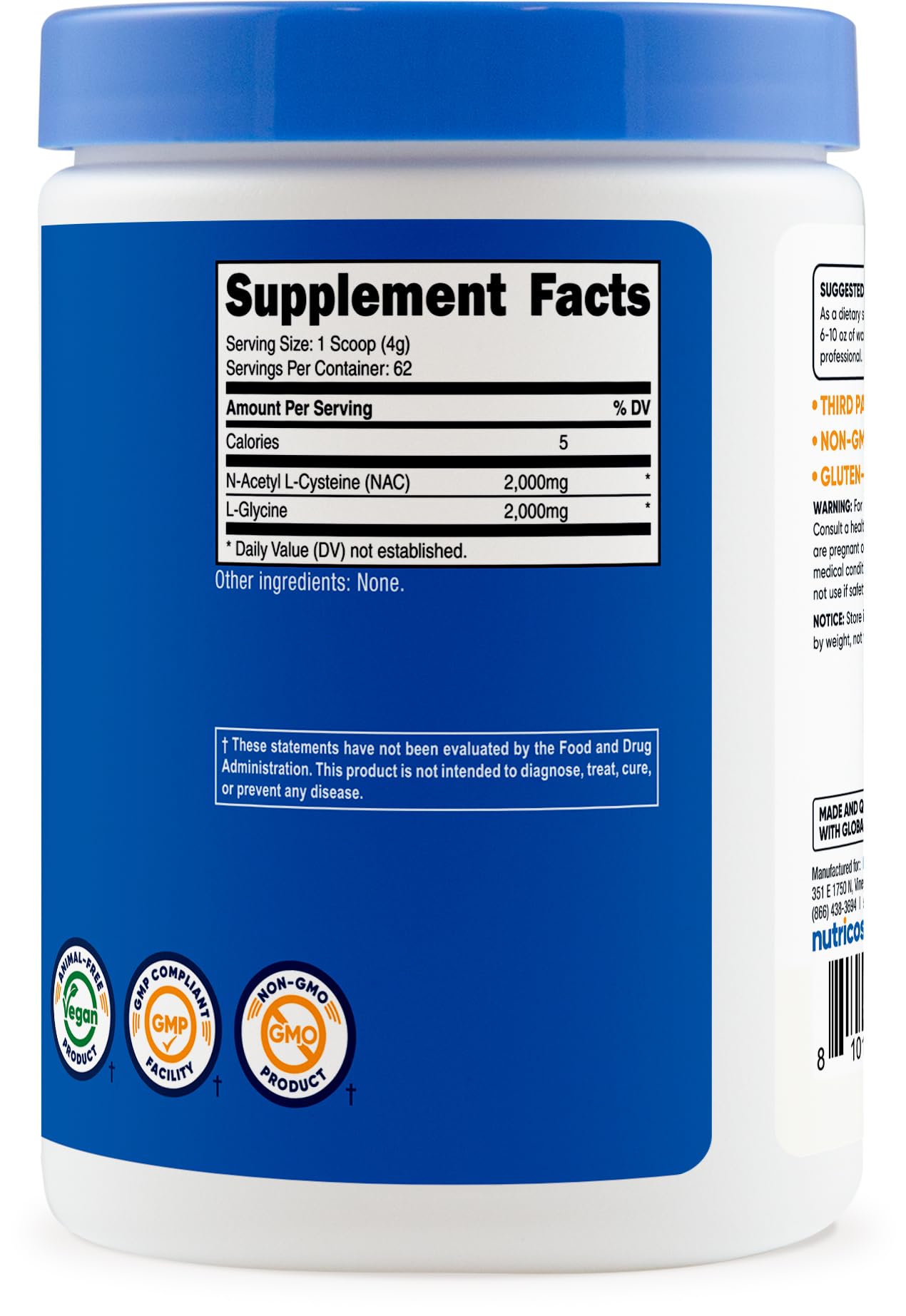 Nutricost etiqueta con certificaciones NSF GMP y sello vegano claramente visible