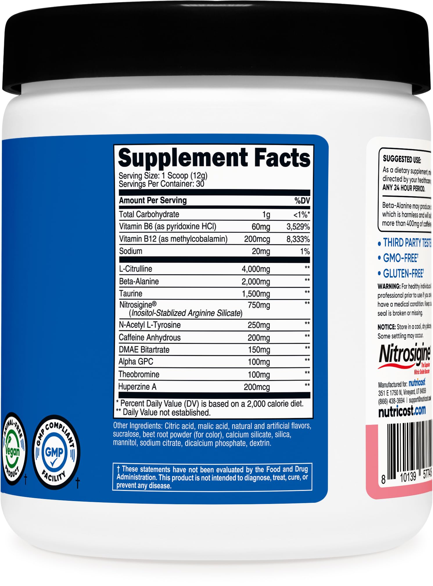 Nutricost etiqueta con certificaciones NSF y GMP indicando control de calidad