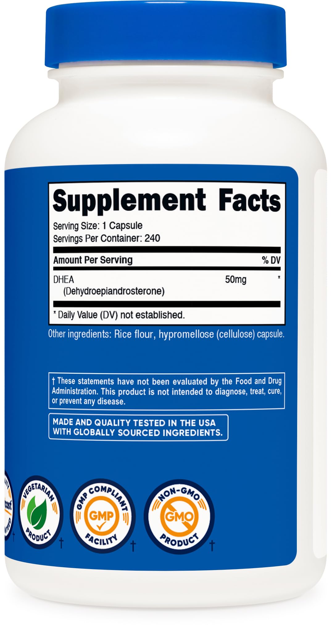 Nutricost etiqueta con sellos NSF GMP FDA y prueba de terceros visible