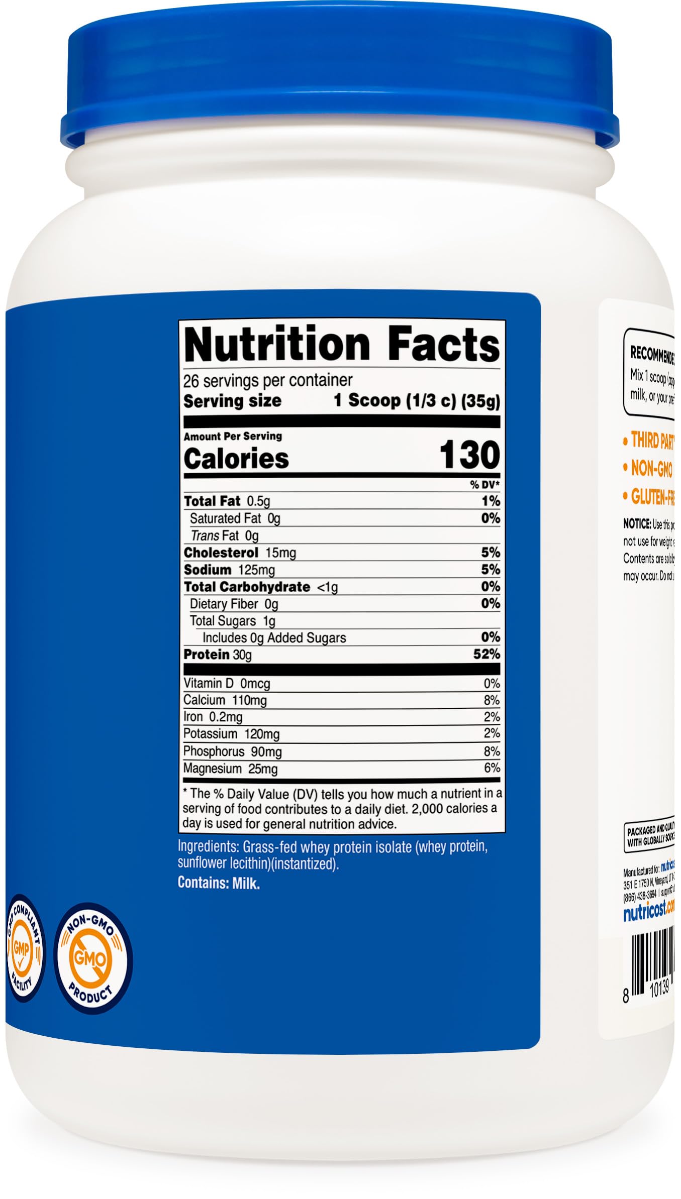 Nutricost etiqueta con certificaciones Kosher Halal GMP FDA para confianza