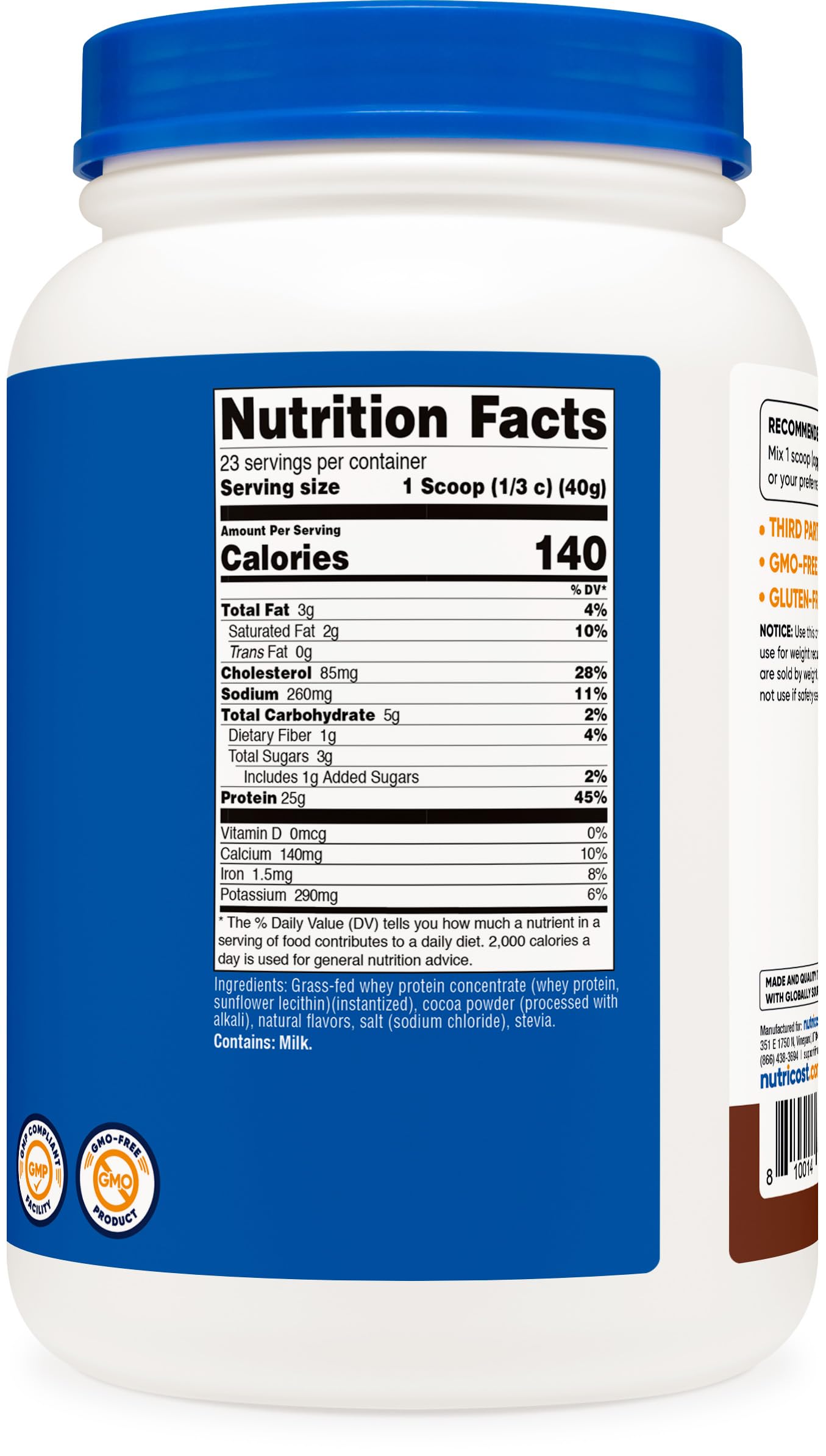 Nutricost etiqueta con certificaciones Kosher Halal y libre de rBGH