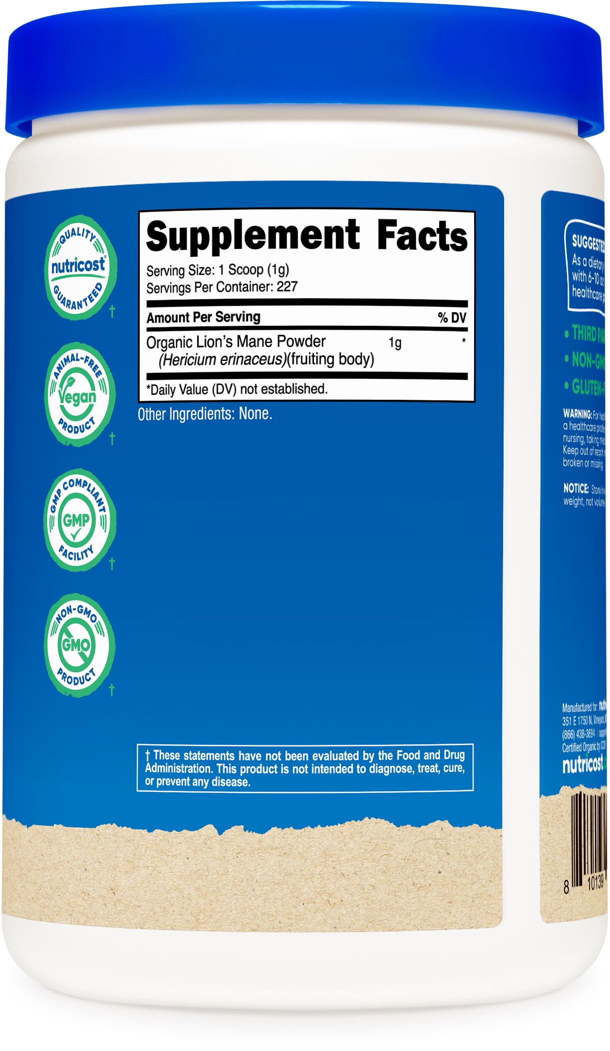 Nutricost etiqueta con certificaciones USDA Organic y Non-GMO visible