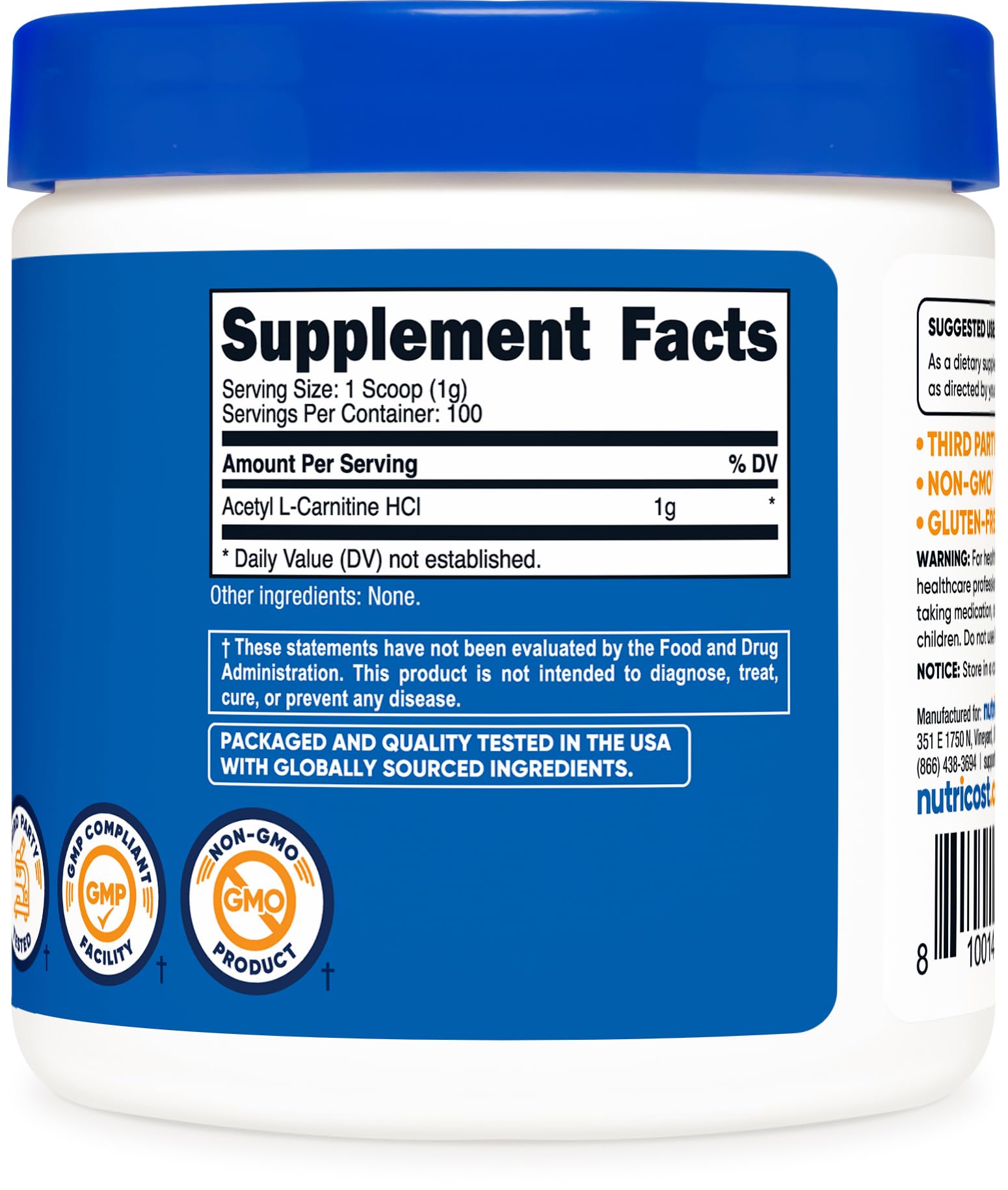 Nutricost etiqueta con información del producto y certificaciones, aporta confianza y trazabilidad