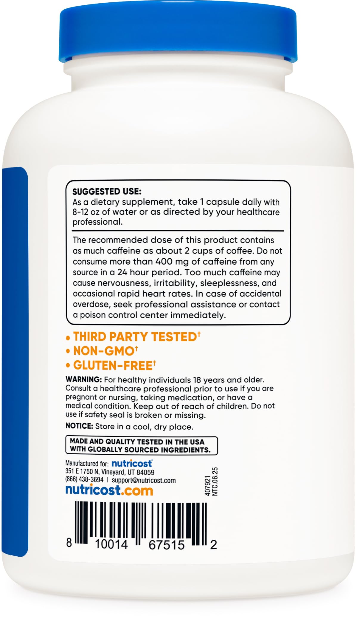 Nutricost etiqueta con información de 200 mg y advertencias visibles