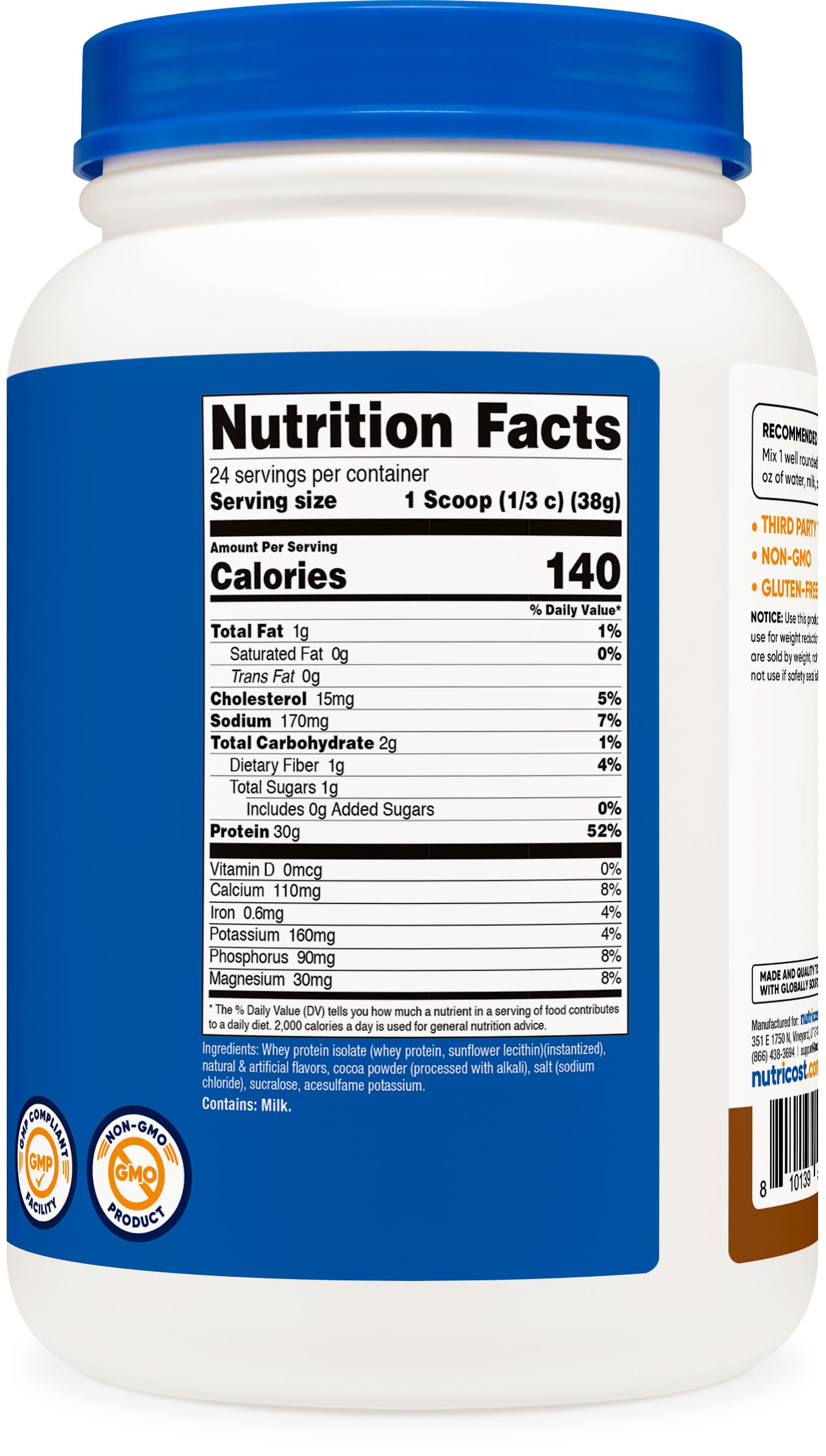 Nutricost etiqueta nutricional y cuchara incluida mostrando 30 g proteína