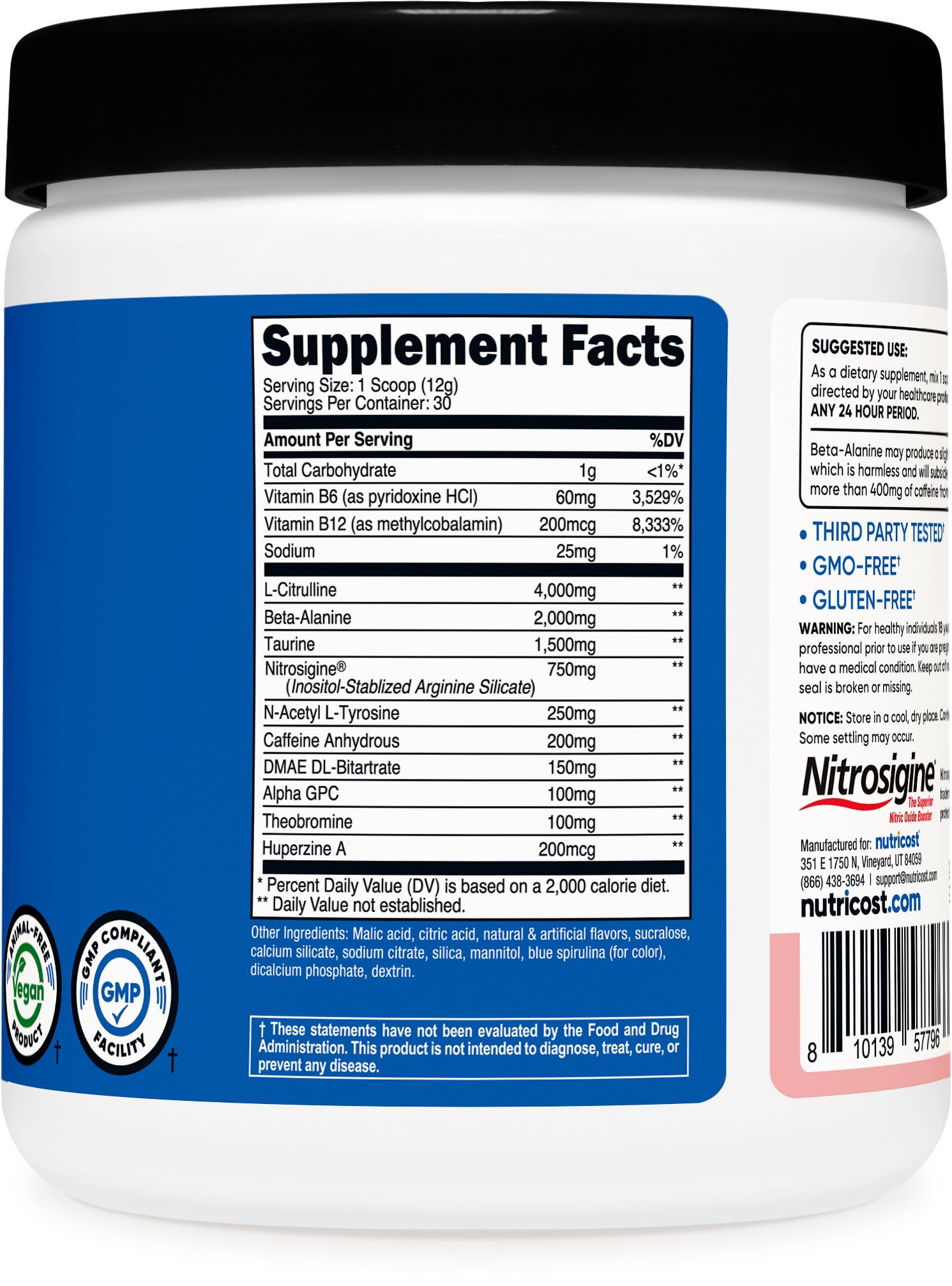 Nutricost etiqueta con información nutricional y certificaciones claras