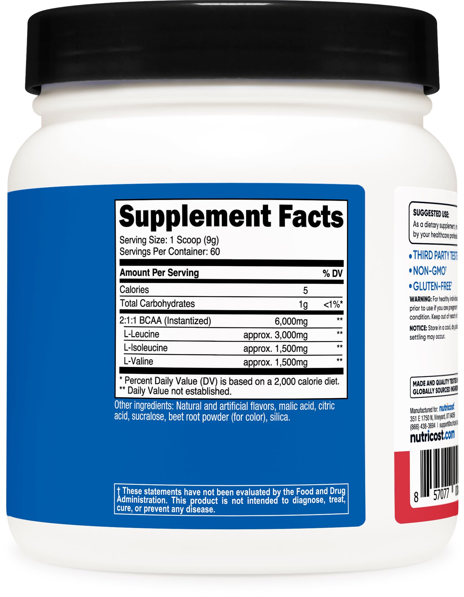 Nutricost etiqueta con información nutricional y pruebas por terceros