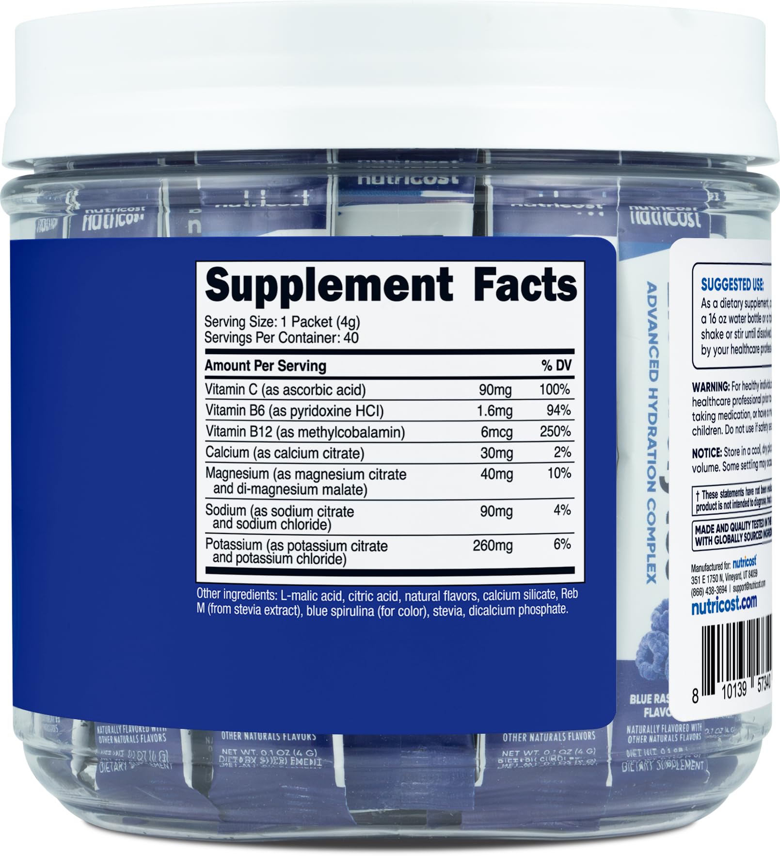 Nutricost etiqueta con información nutricional y garantías de calidad