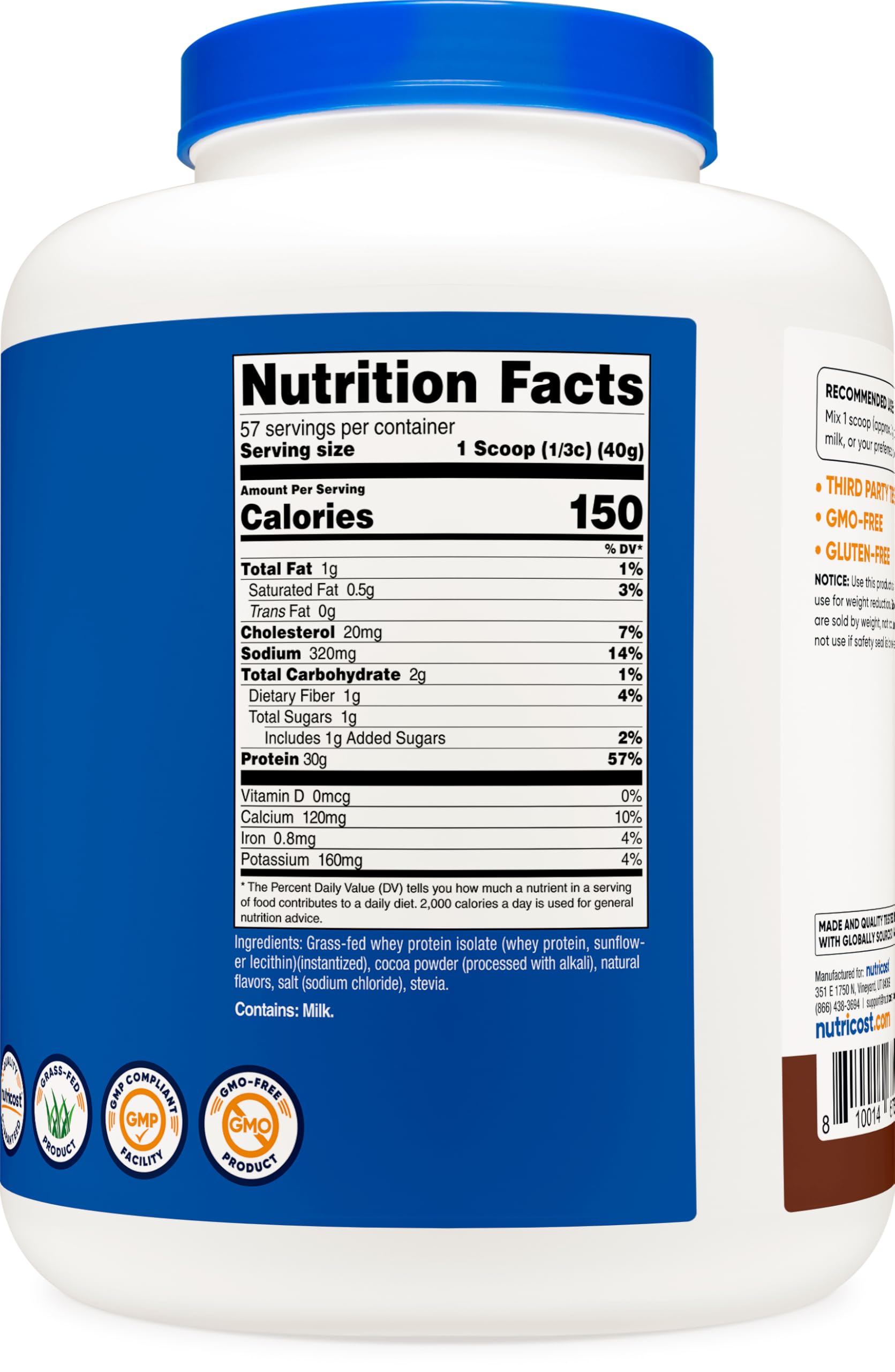 Nutricost etiqueta con ingredientes, Kosher y Halal, y garantía de calidad