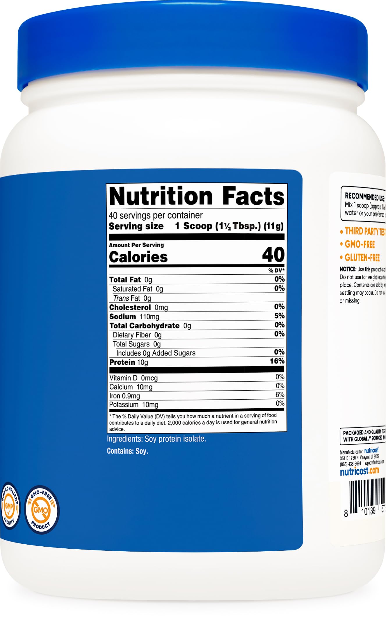 Nutricost etiqueta con lista de ingredientes y certificaciones, beneficio: fabricación en instalación certificada
