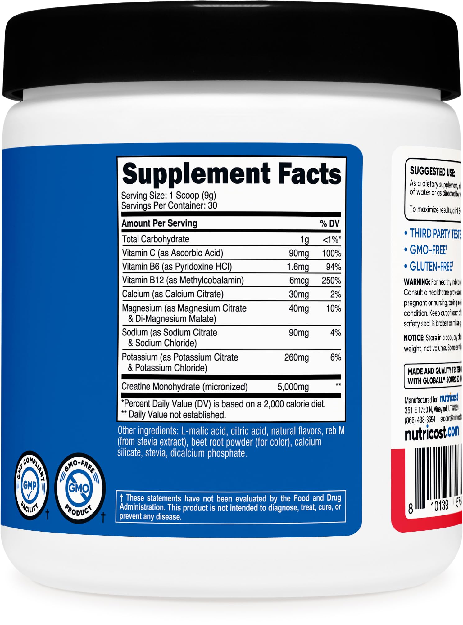 Nutricost etiqueta con lista de ingredientes y sellos GMP y NSF