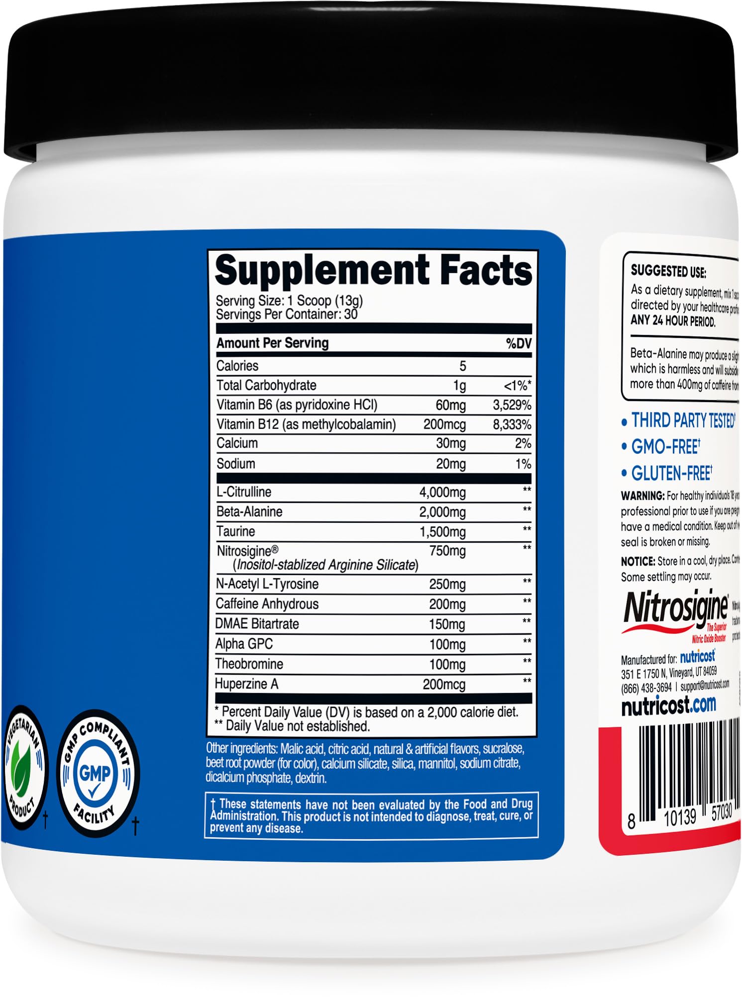 Nutricost etiqueta de ingredientes destacando beta-alanina y 200 mg cafeína