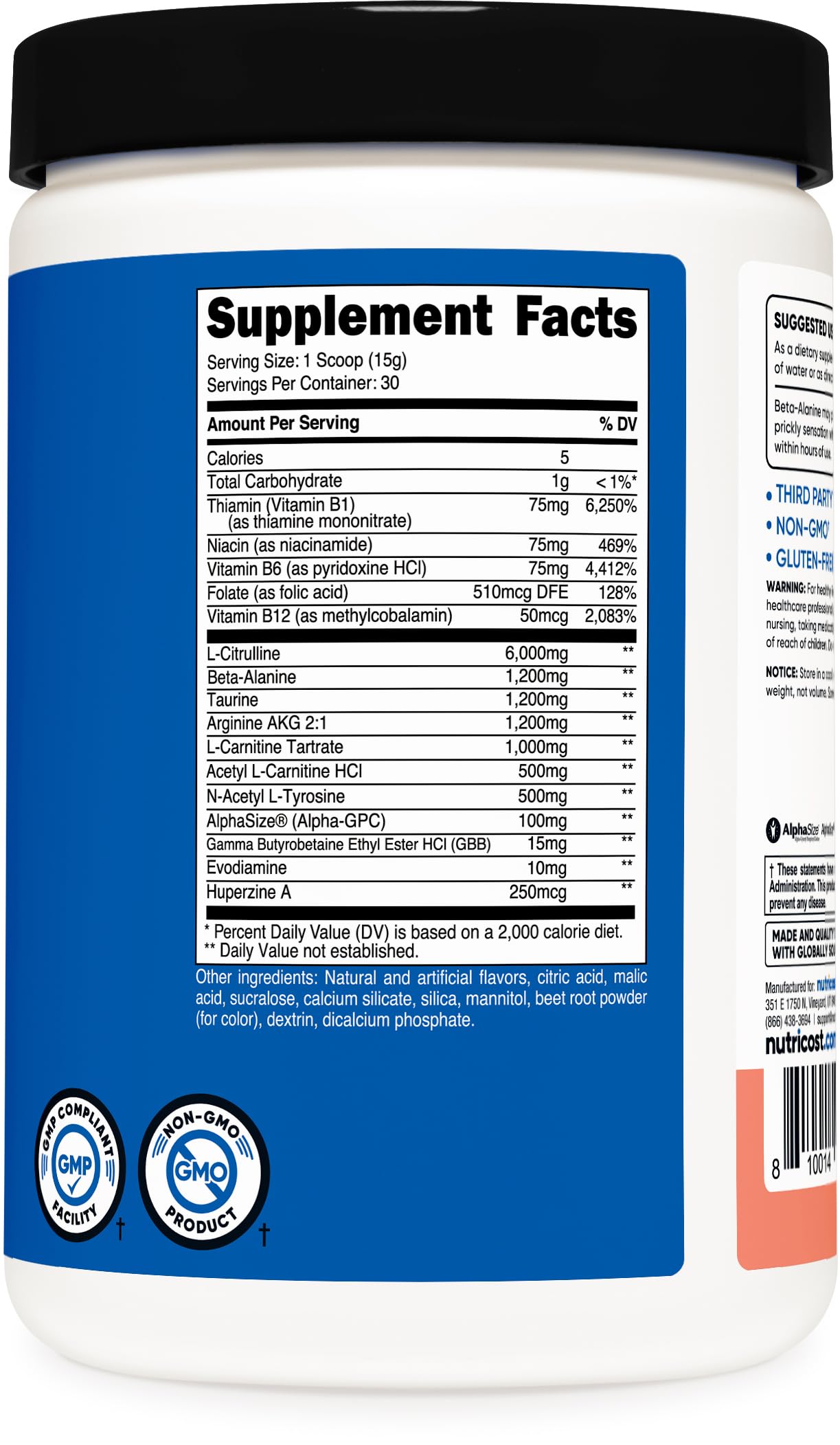 Nutricost etiqueta de ingredientes destacando L-citrulina y beta-alanina