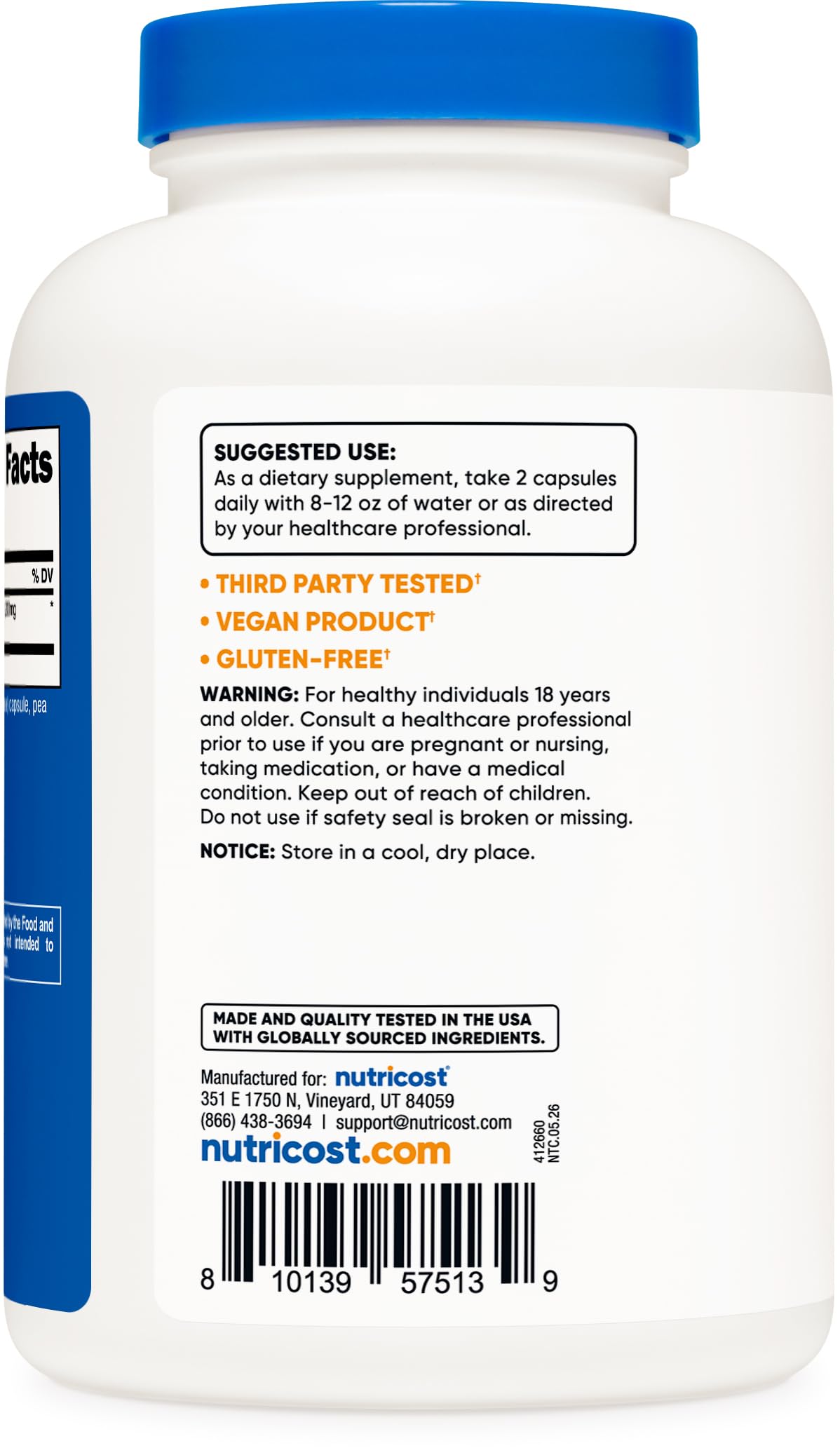 Nutricost etiqueta ampliada con ingredientes y certificaciones mostrando beneficio confianza