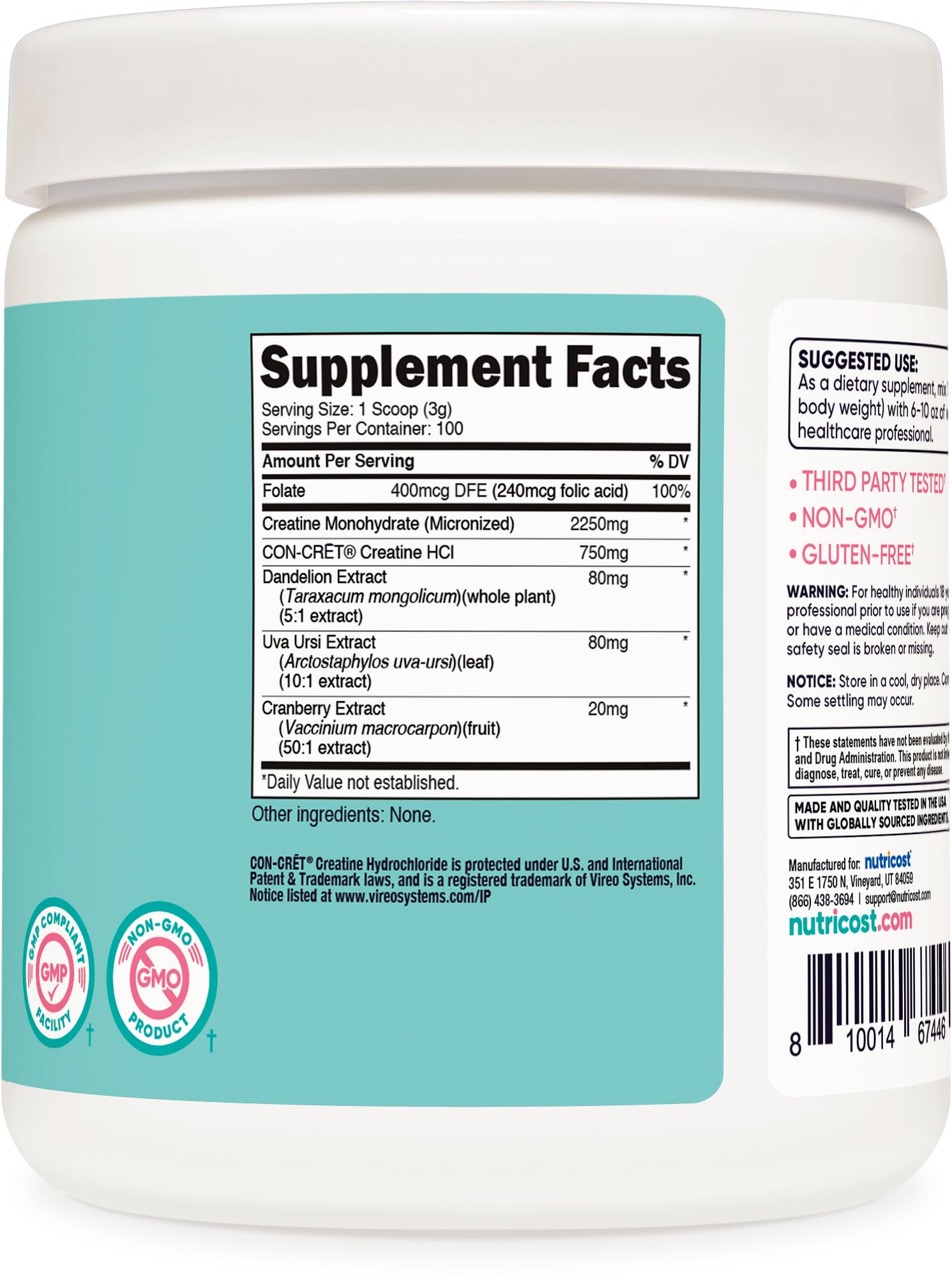 Nutricost etiqueta con ingredientes y fabricación GMP para confianza