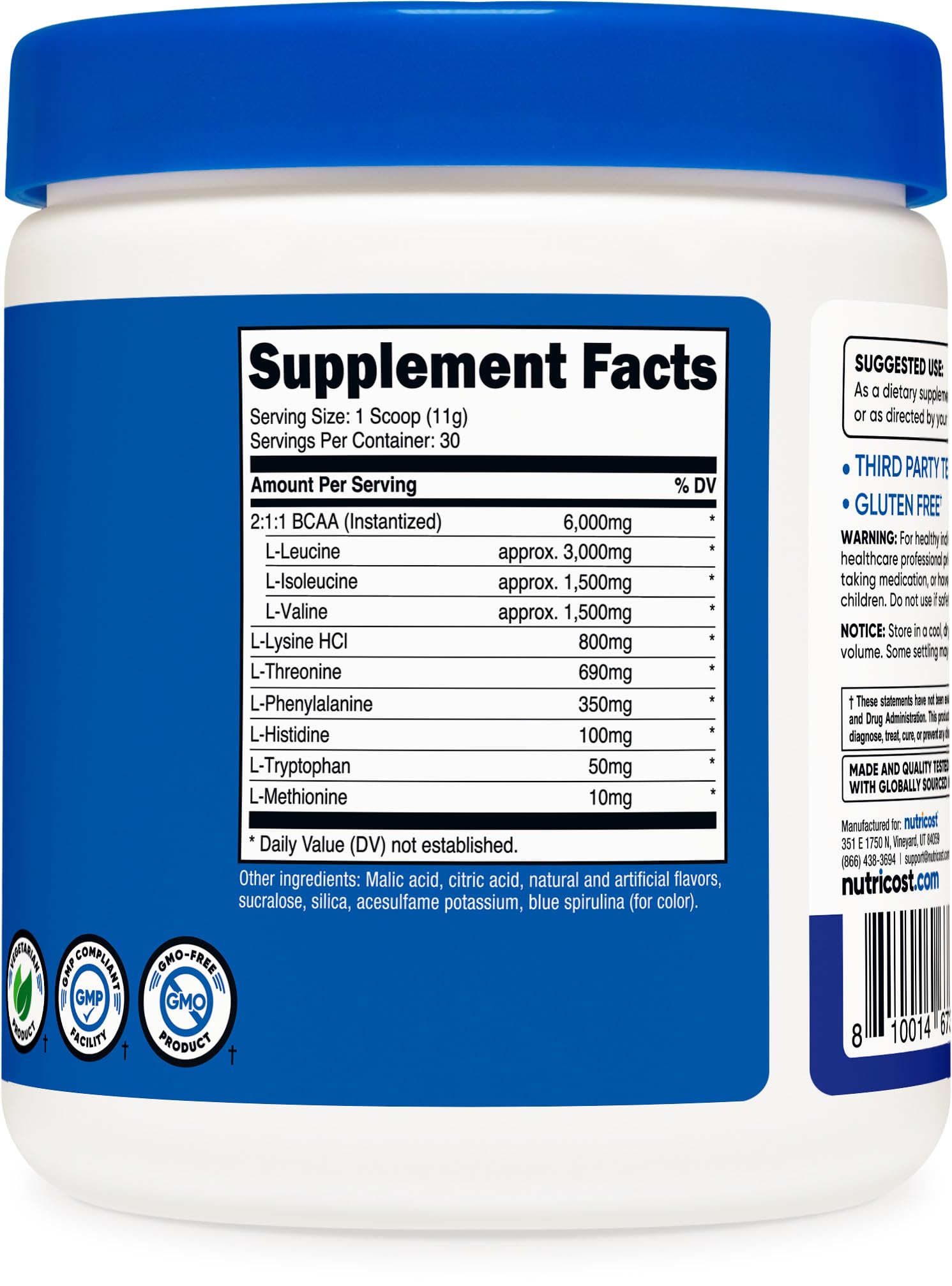 Nutricost etiqueta de ingredientes mostrando perfil de EAAs y calidad
