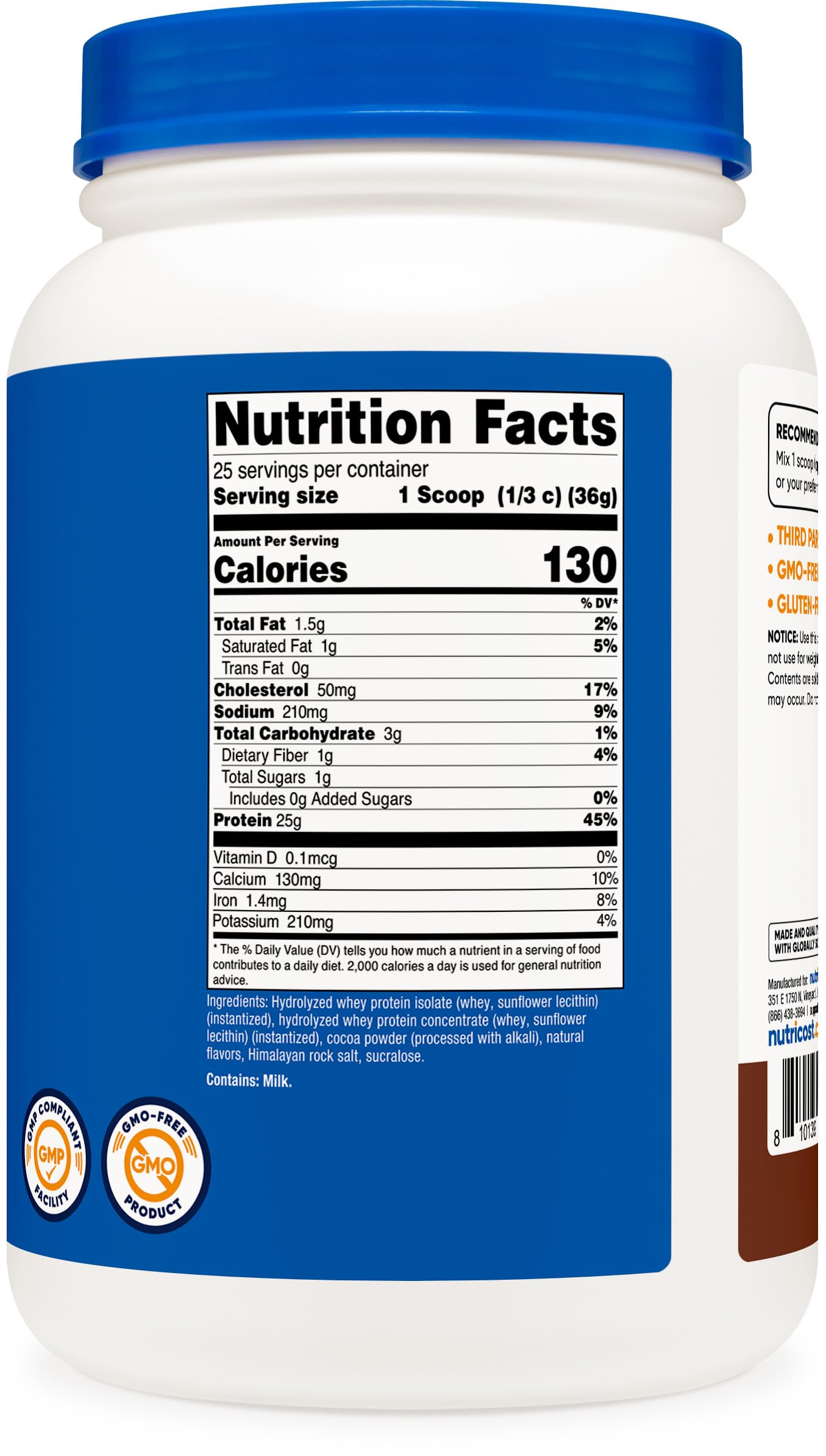 Primer plano de la etiqueta Nutricost con información nutricional y beneficios de ingredientes