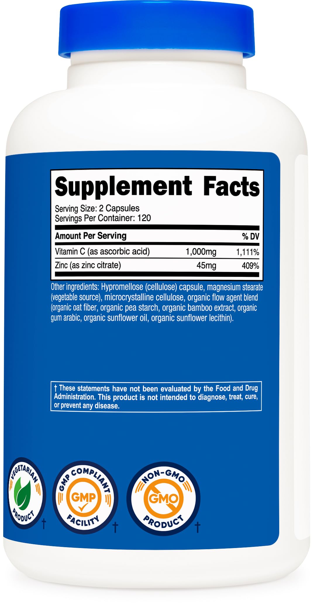 Nutricost etiqueta nutricional enfocada en 1000 mg vitamina C y 45 mg zinc