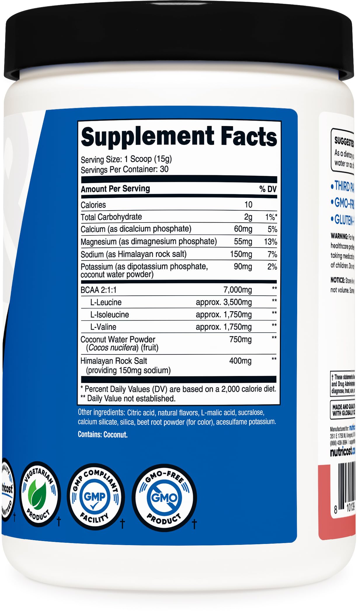 Nutricost etiqueta nutricional detalle con contenido de BCAA y electrolitos