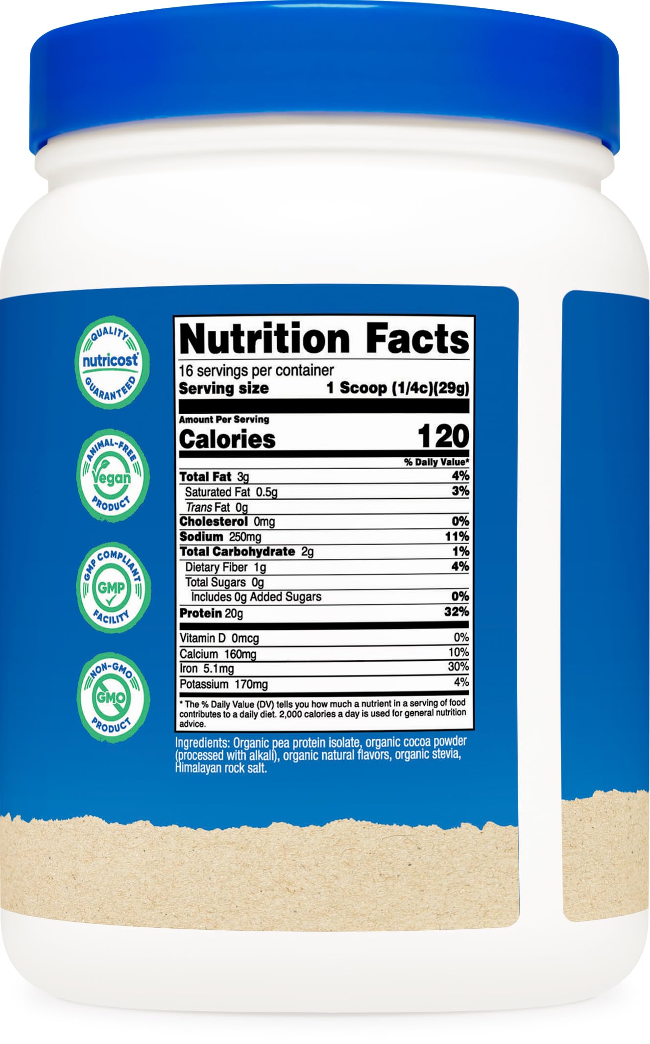Nutricost etiqueta nutricional enfocada en 20 g proteína por porción