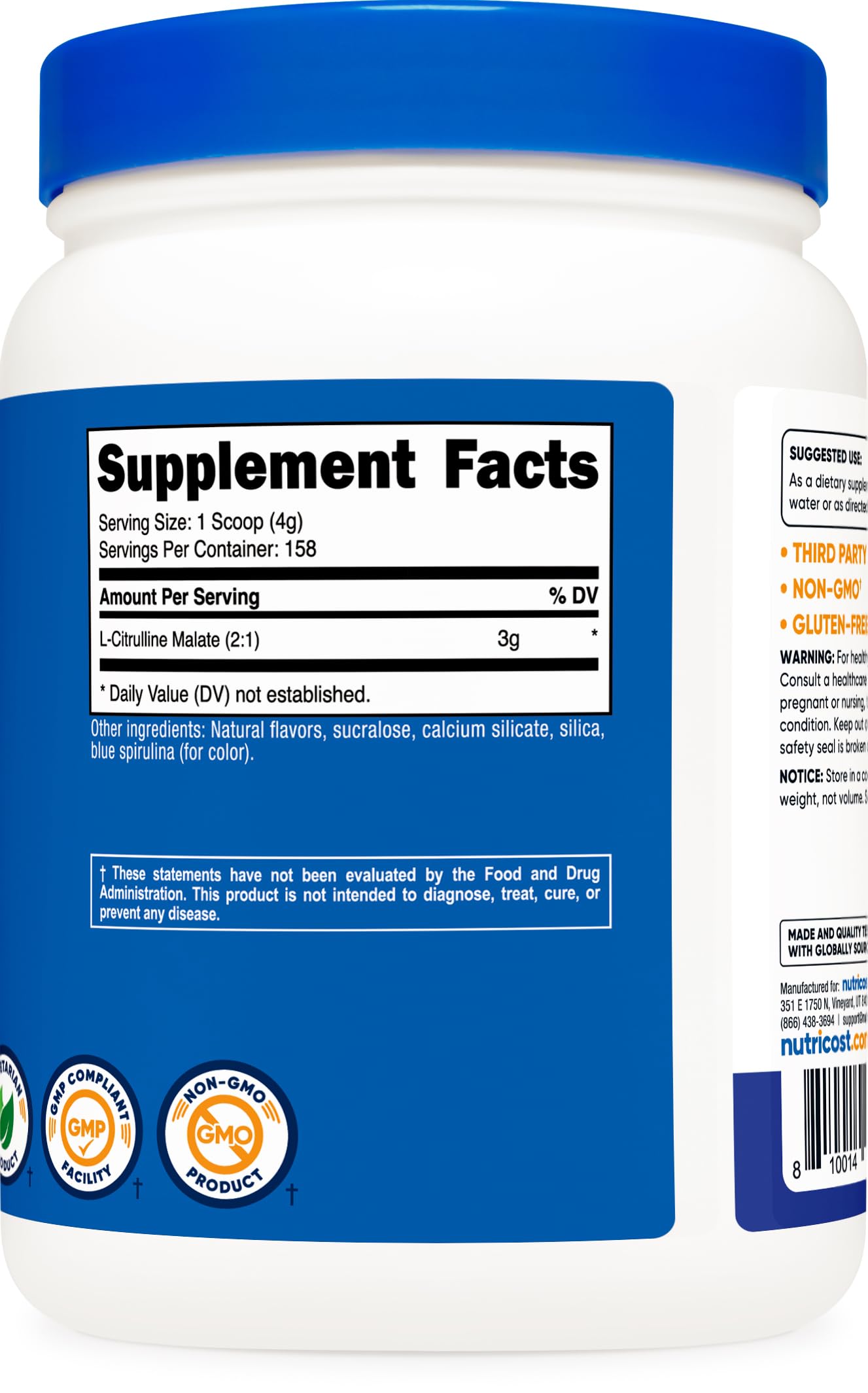 Nutricost etiqueta con información nutricional y certificaciones NSF GMP FDA visibles