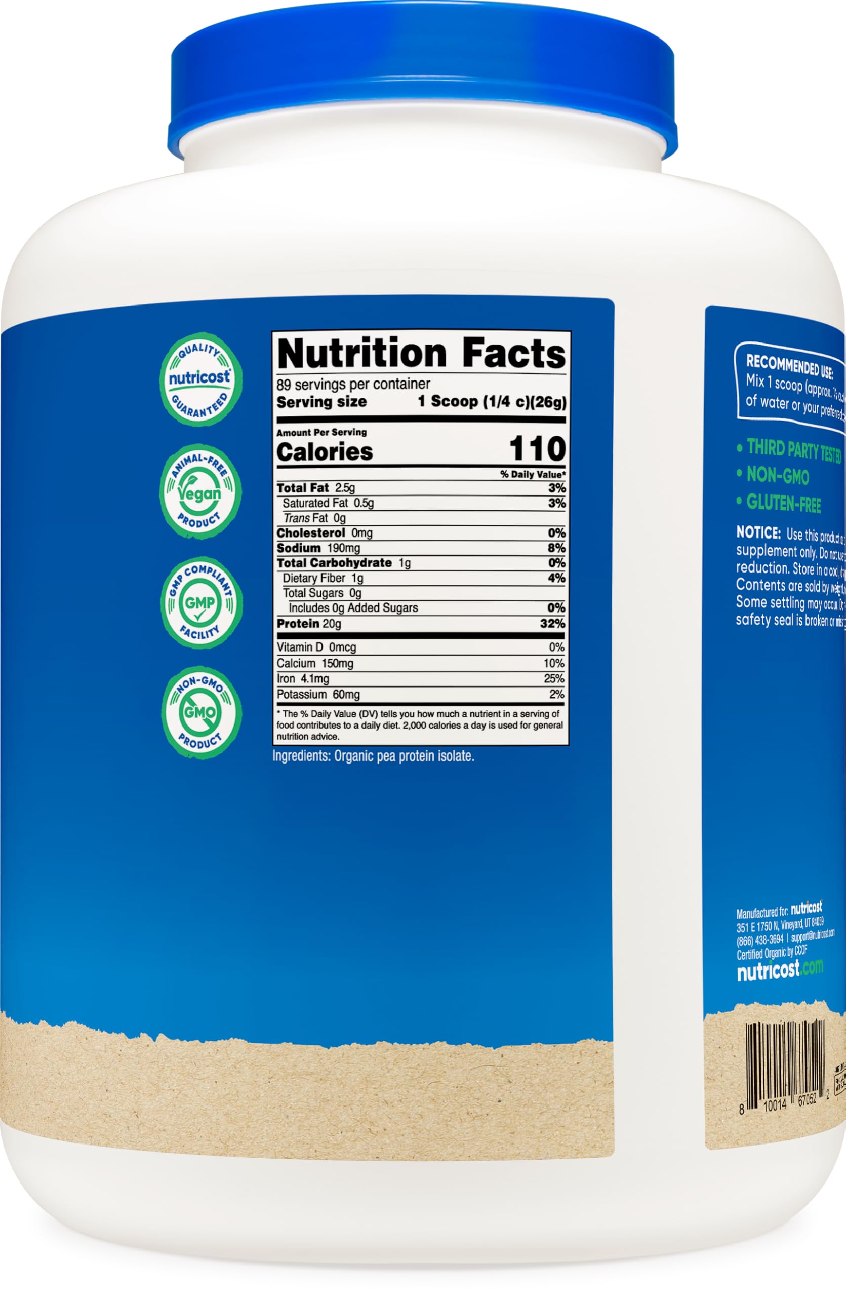 Etiqueta Nutricost con información nutricional y certificación USDA Organic que aporta confianza