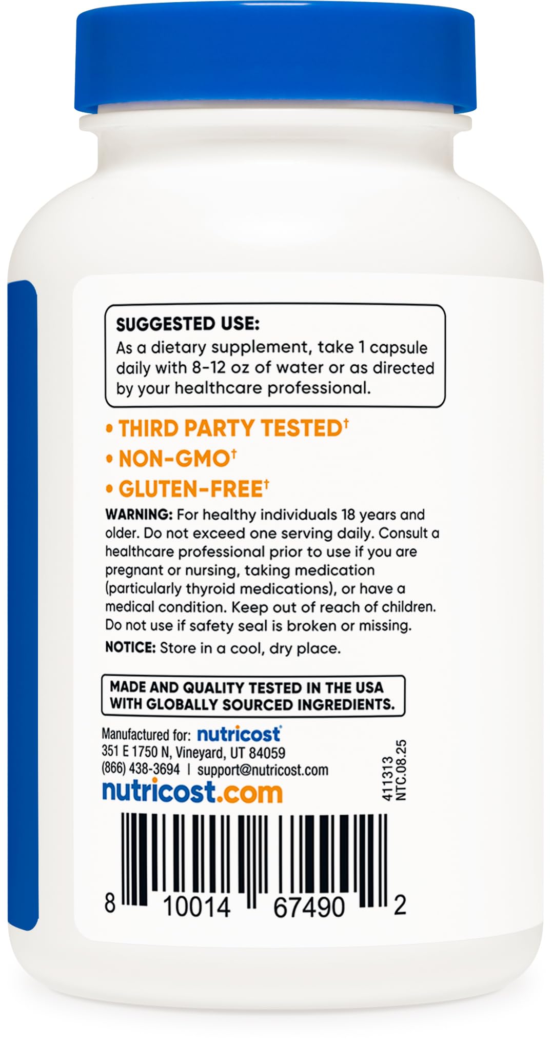 Nutricost etiqueta nutricional que muestra 325mcg y control de calidad